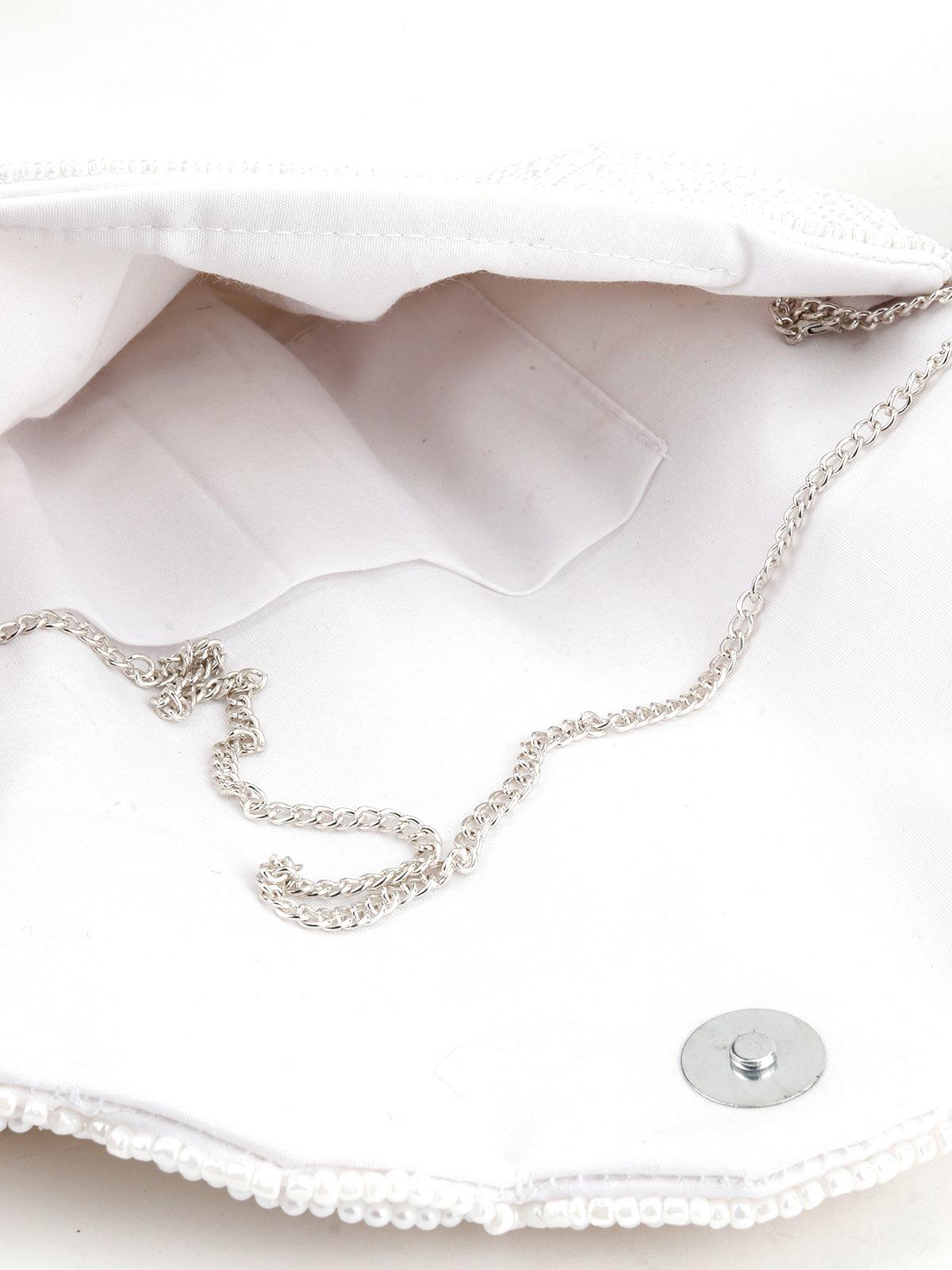 Odette Women White Pearl Beaded Envelope Clutch - Image 6