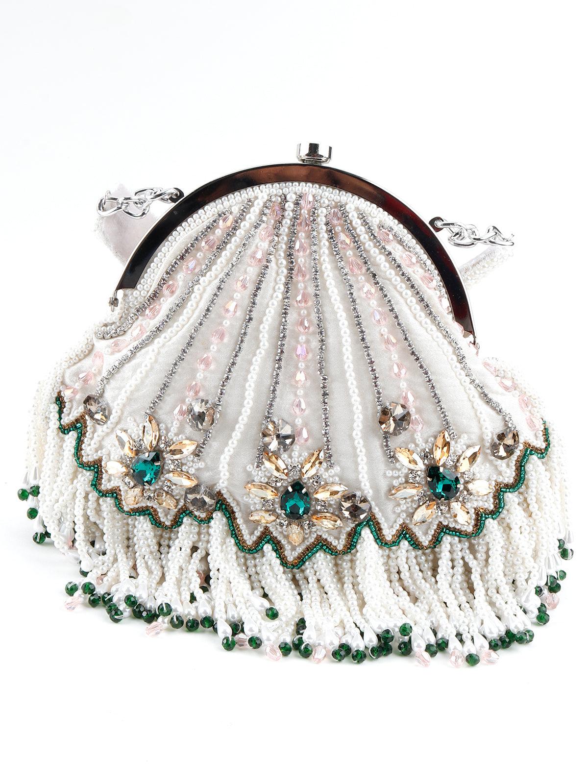 Odette Women White Pearl Beaded Rhinestone Batuwa - Image 5