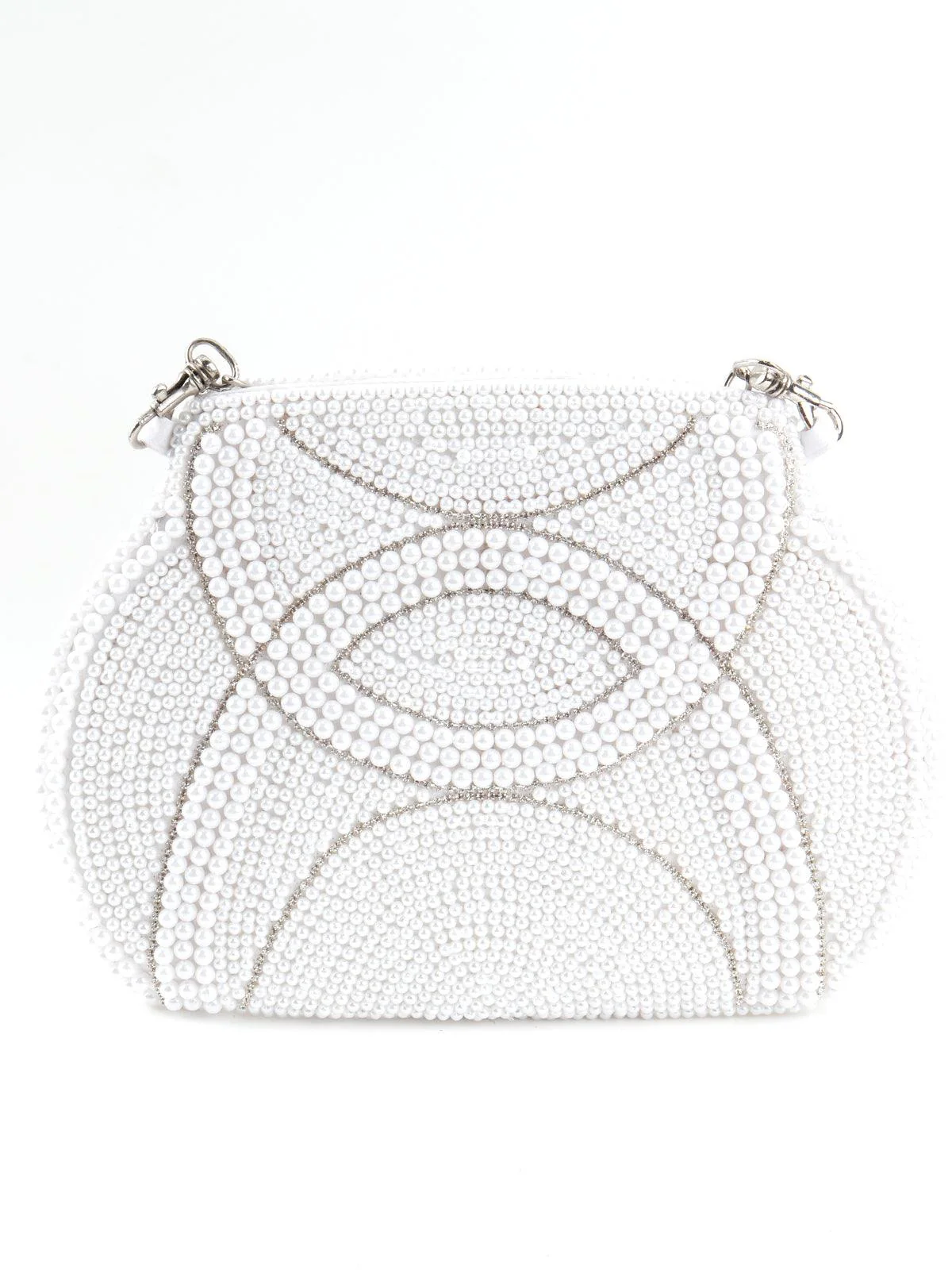 Odette Women White Pearl Beads And Silver Stone Strands Sling Bag - Image 3