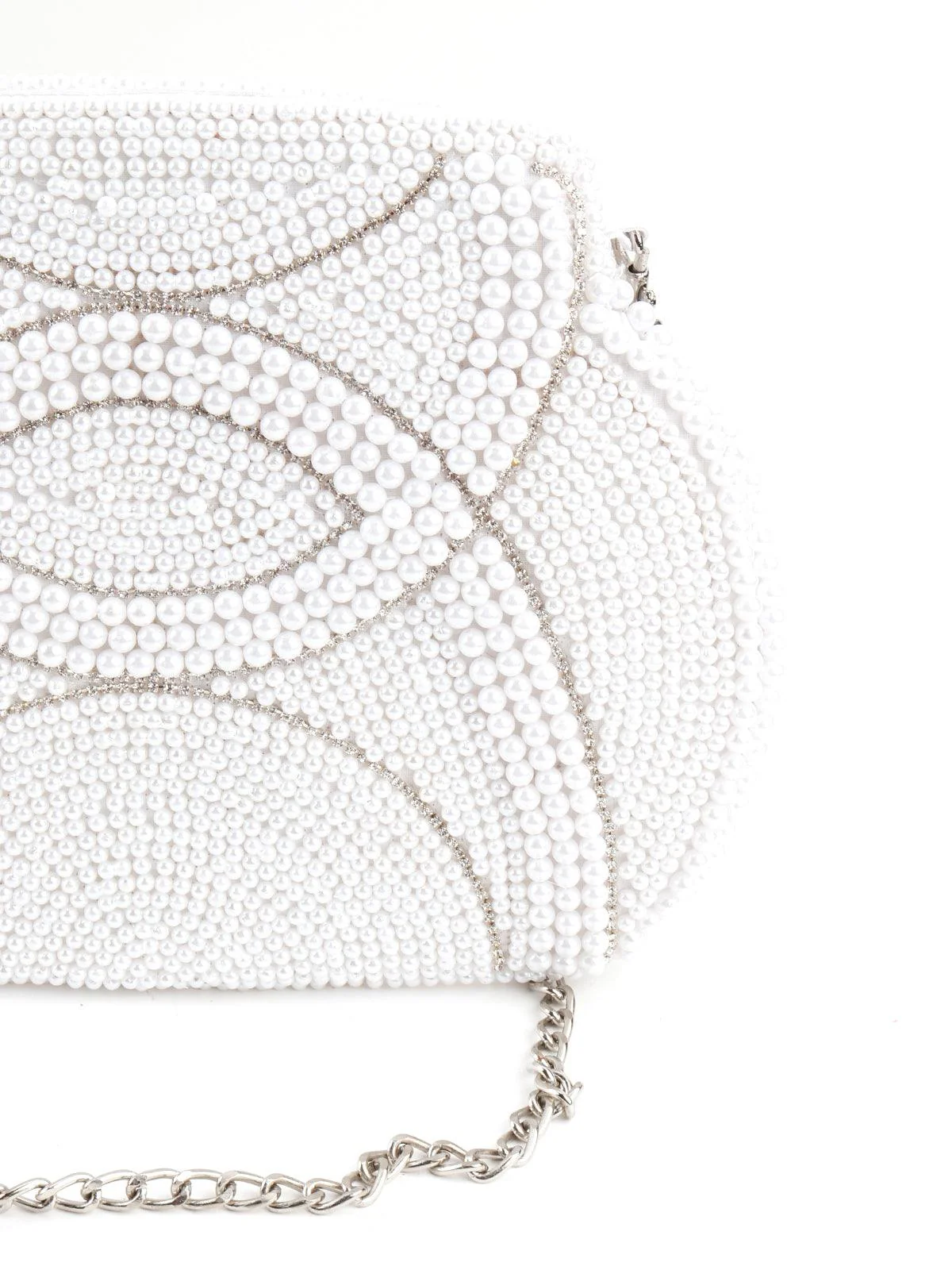 Odette Women White Pearl Beads And Silver Stone Strands Sling Bag - Image 5