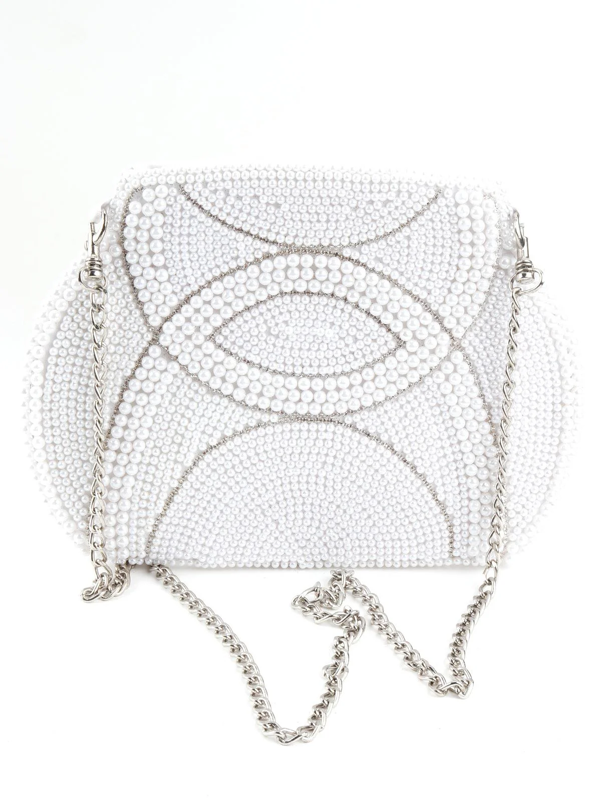 Odette Women White Pearl Beads And Silver Stone Strands Sling Bag - Image 6