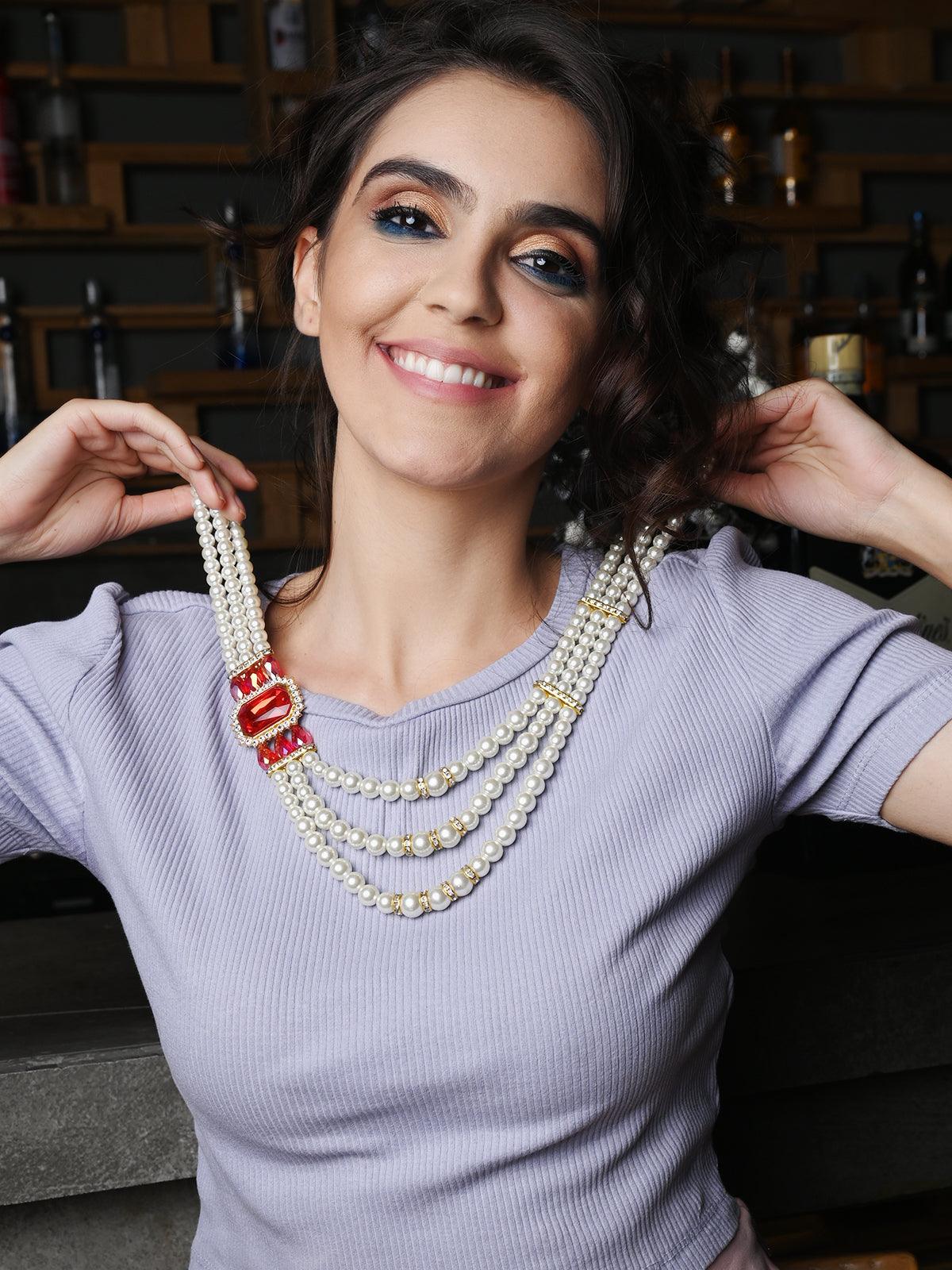 Odette Women White Pearl Multi String Brooch Necklace - Image 2