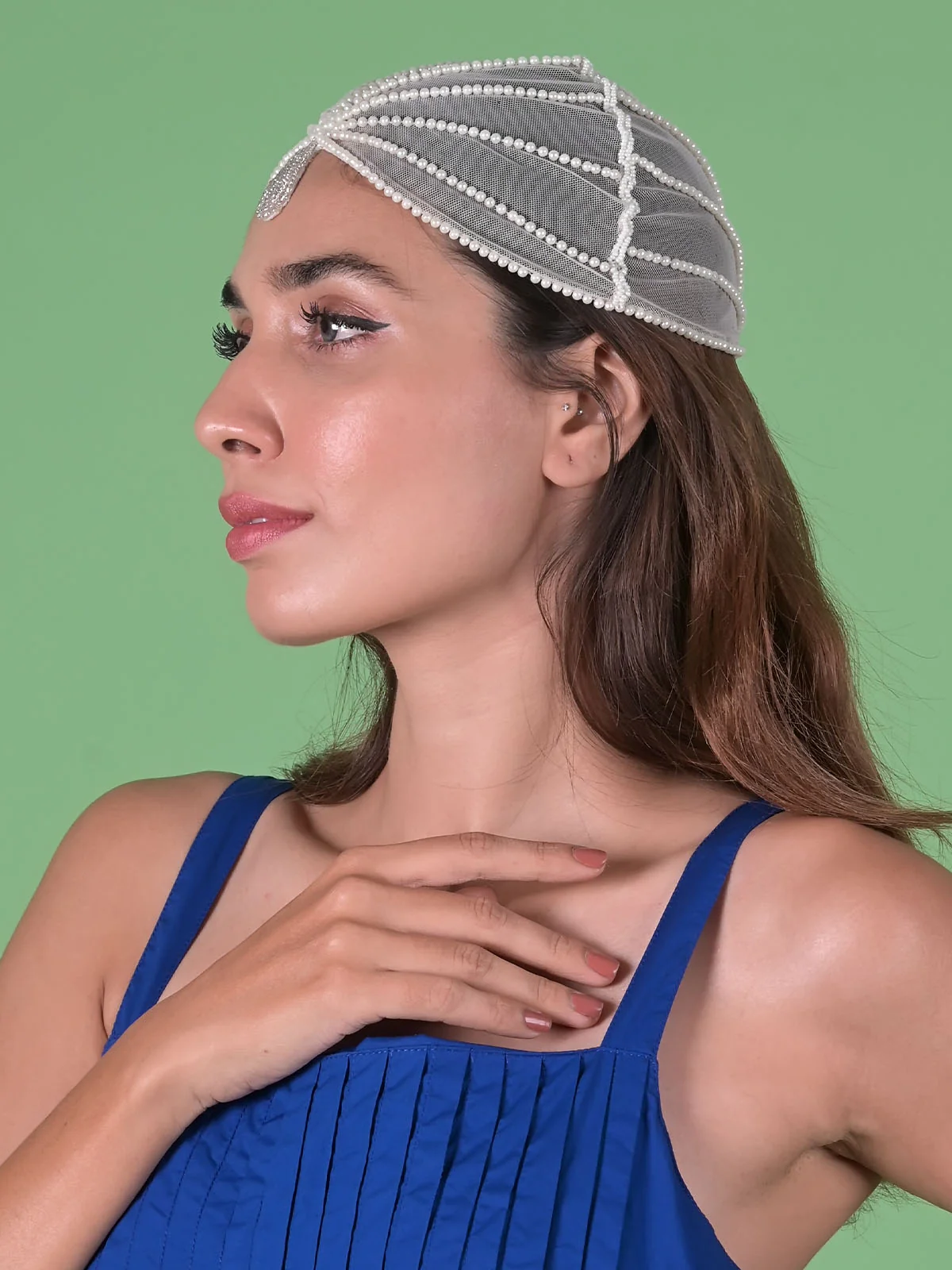 Odette White Pearls Tribal Hair Cap For Women - Image 2