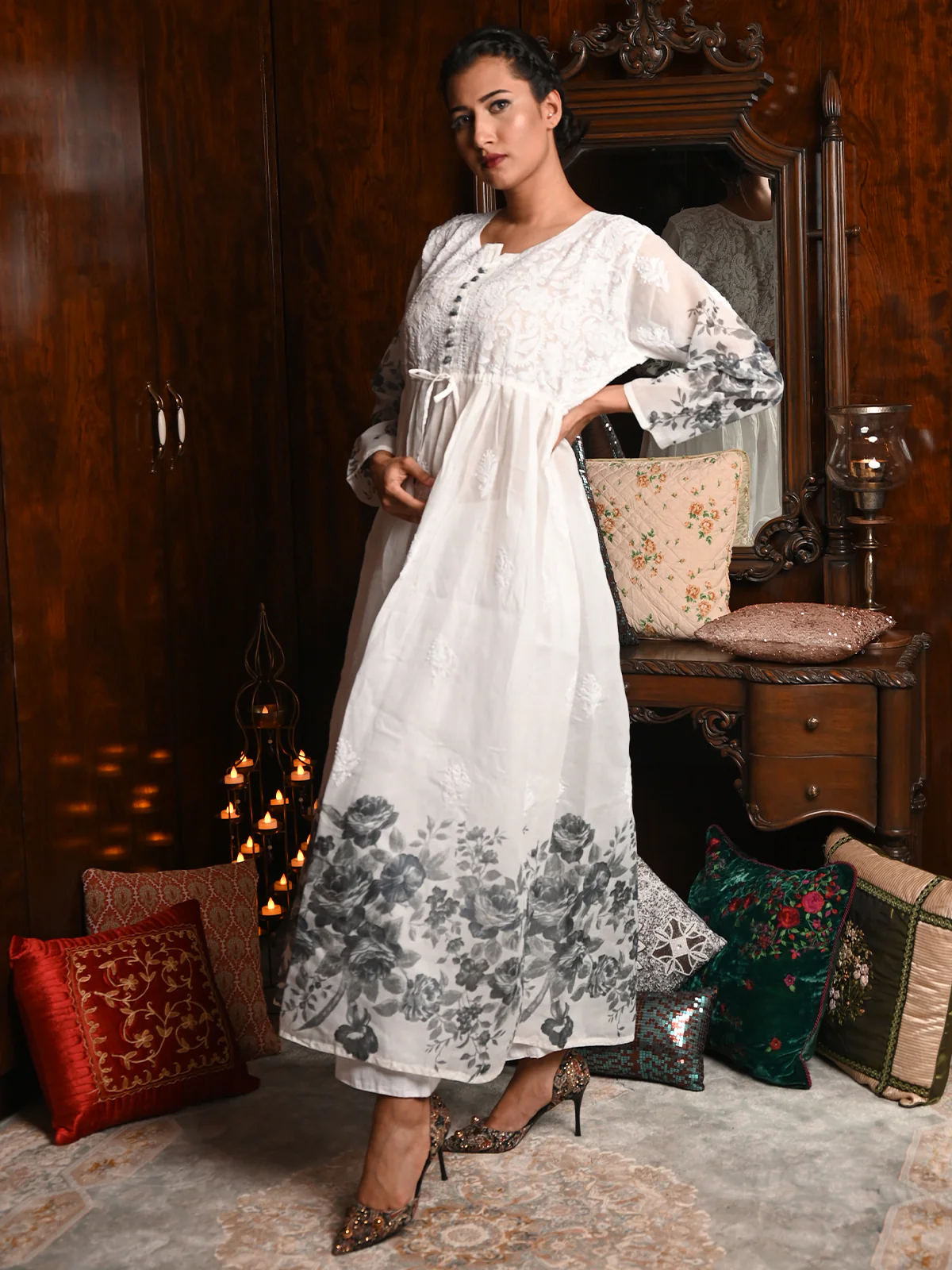 Odette Women White Printed Cotton Voile Chikankari Embroidered Stitched Long Kurta - Image 2