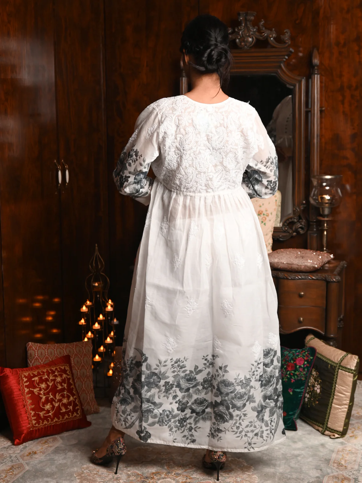 Odette Women White Printed Cotton Voile Chikankari Embroidered Stitched Long Kurta - Image 4