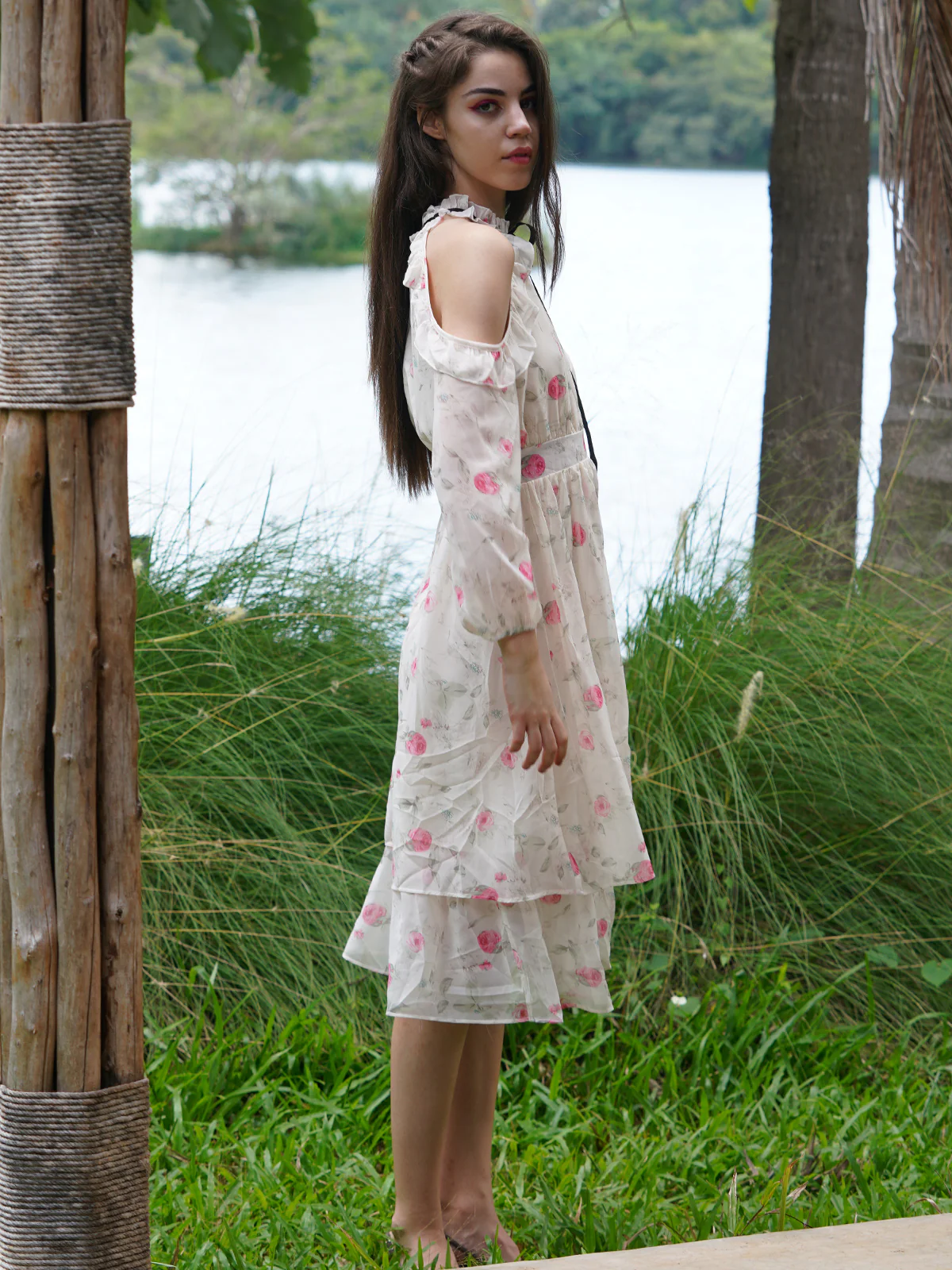 Odette Women White Printed Knee Length Poly Georgette Dress - Image 3
