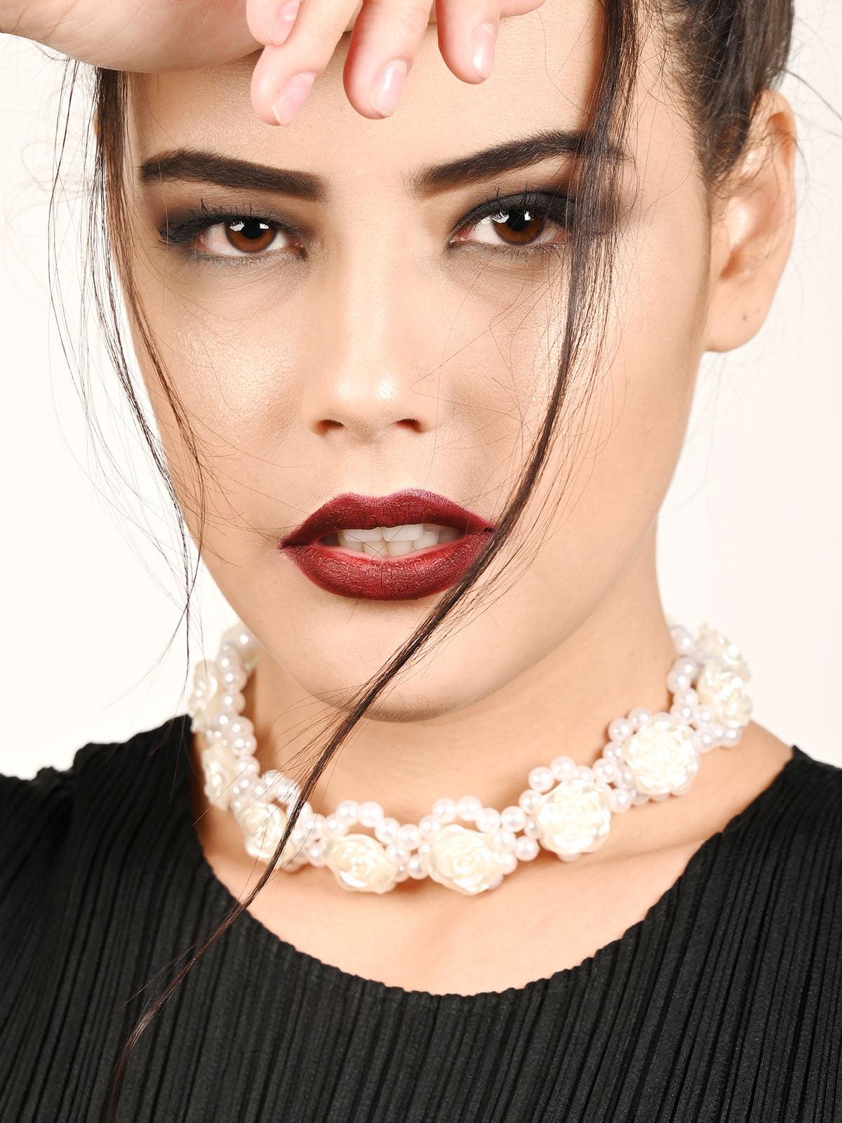 Odette Women White Roses Pearl Choker Neckpiece - Image 2