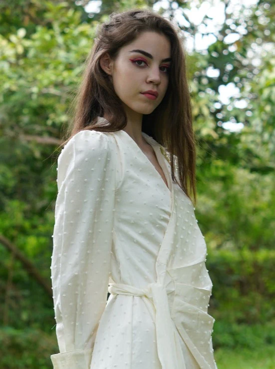 Odette Women White Satin With Dobby Long Time Stitched Dress - Image 3