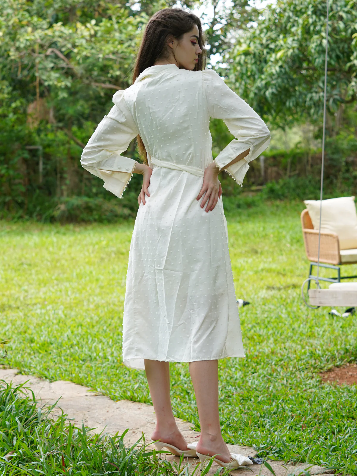 Odette Women White Satin With Dobby Long Time Stitched Dress - Image 4