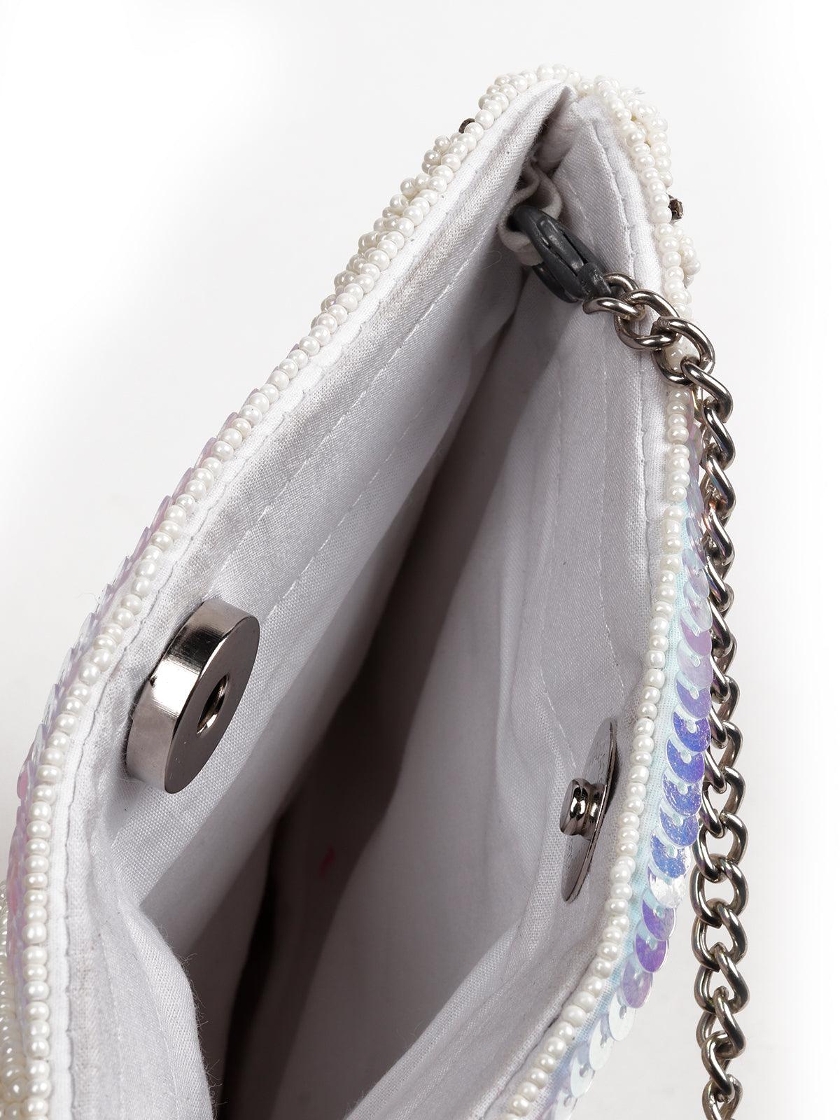 Odette Women White Sequin Embellished Clutch - Image 6