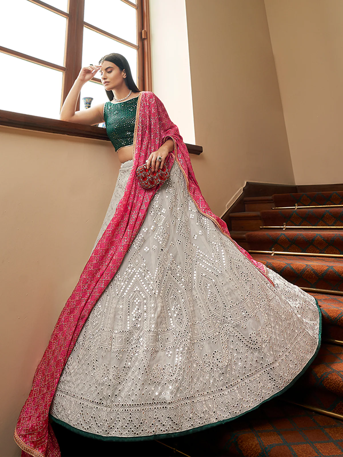 Odette Women White Georgette Semi Stitched Lehenga With Unstitched Blouse - Image 2