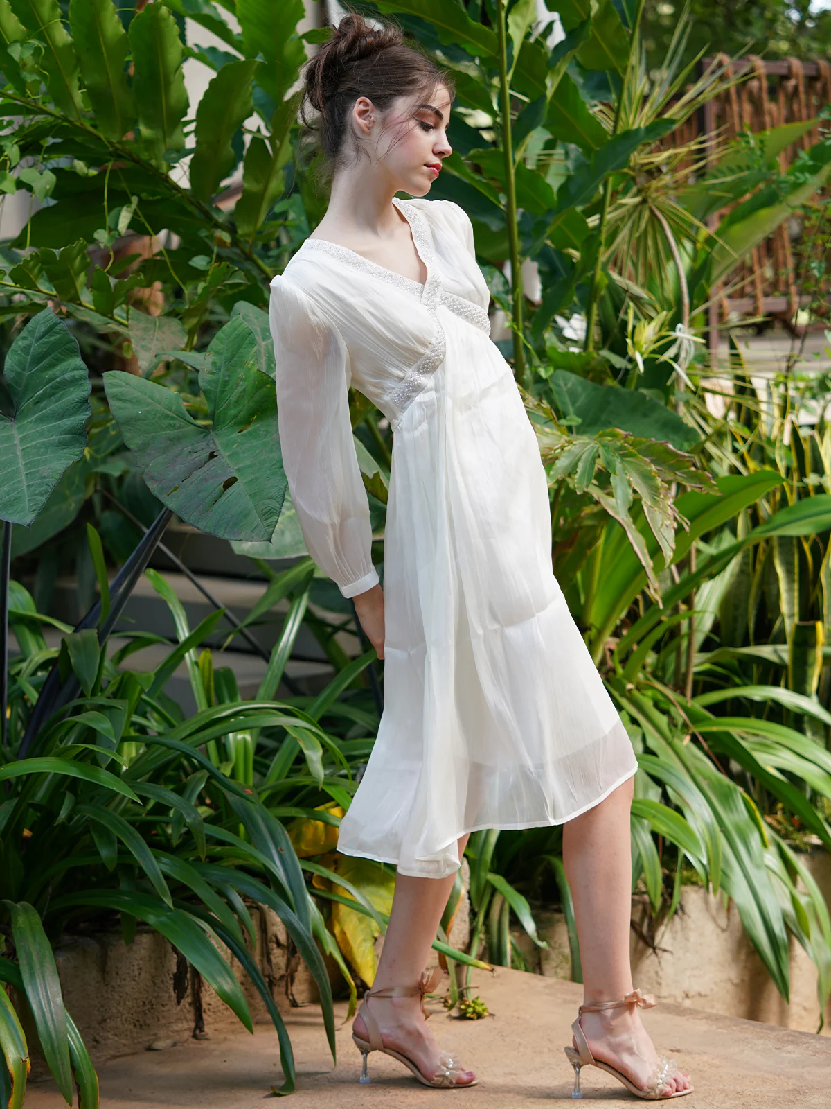 Odette Women White Shimmer Polyester Voil Flared Dress - Image 3