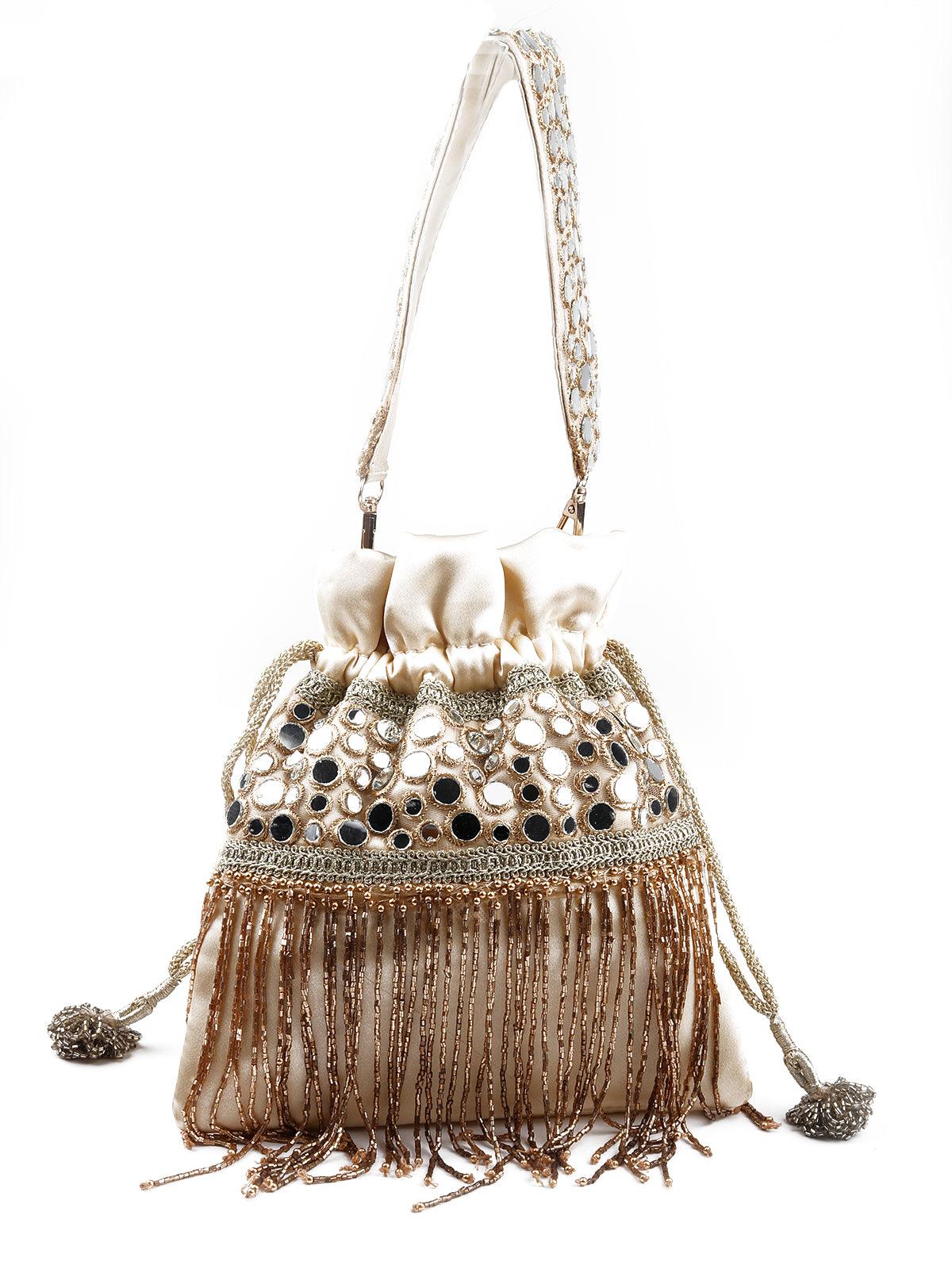Odette Women White Stunning Tassel Beaded Potli Bag - Image 3
