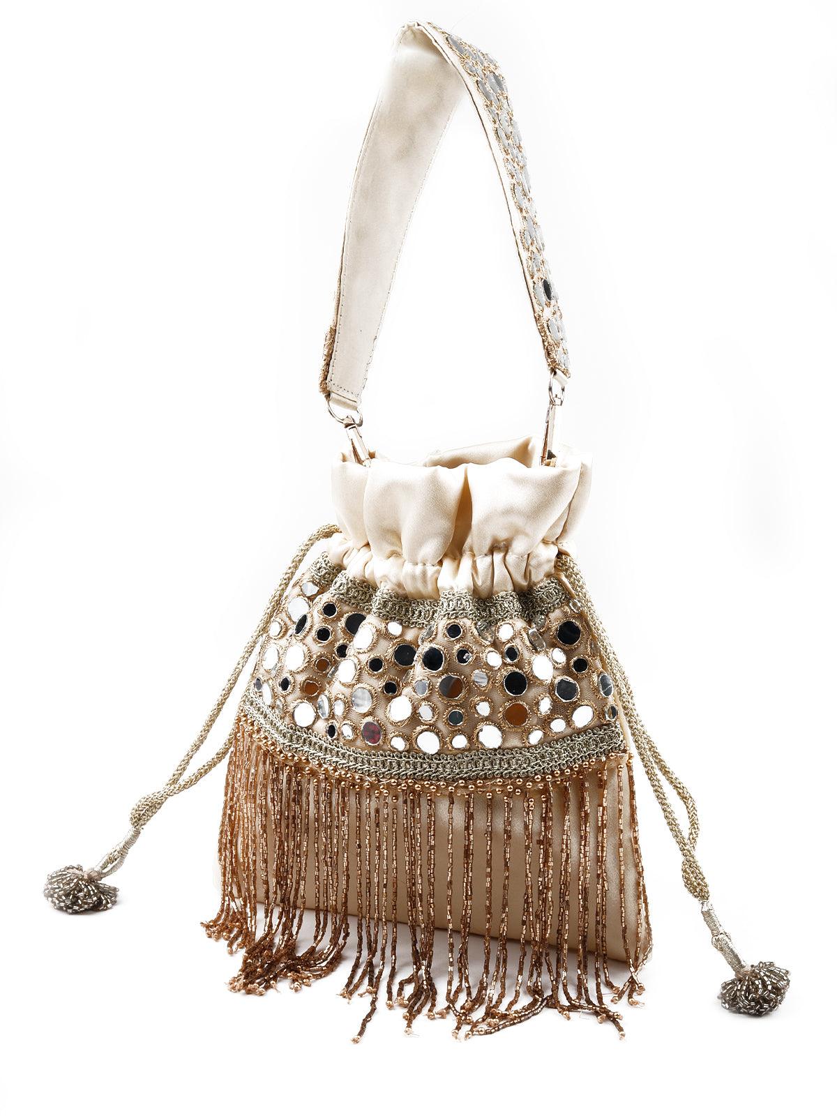 Odette Women White Stunning Tassel Beaded Potli Bag - Image 4