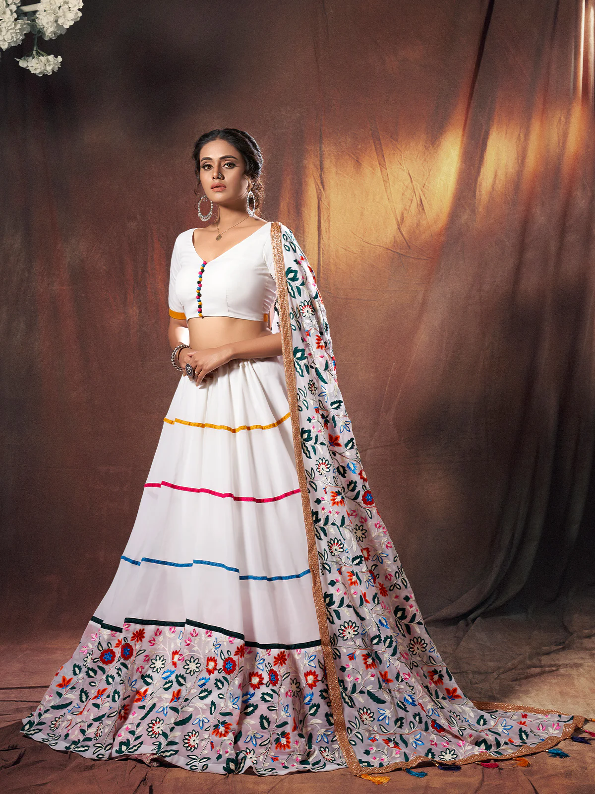 Odette Women White Embroidered Georgette Semi Stitched Lehenga With Unstitched Blouse - Image 2
