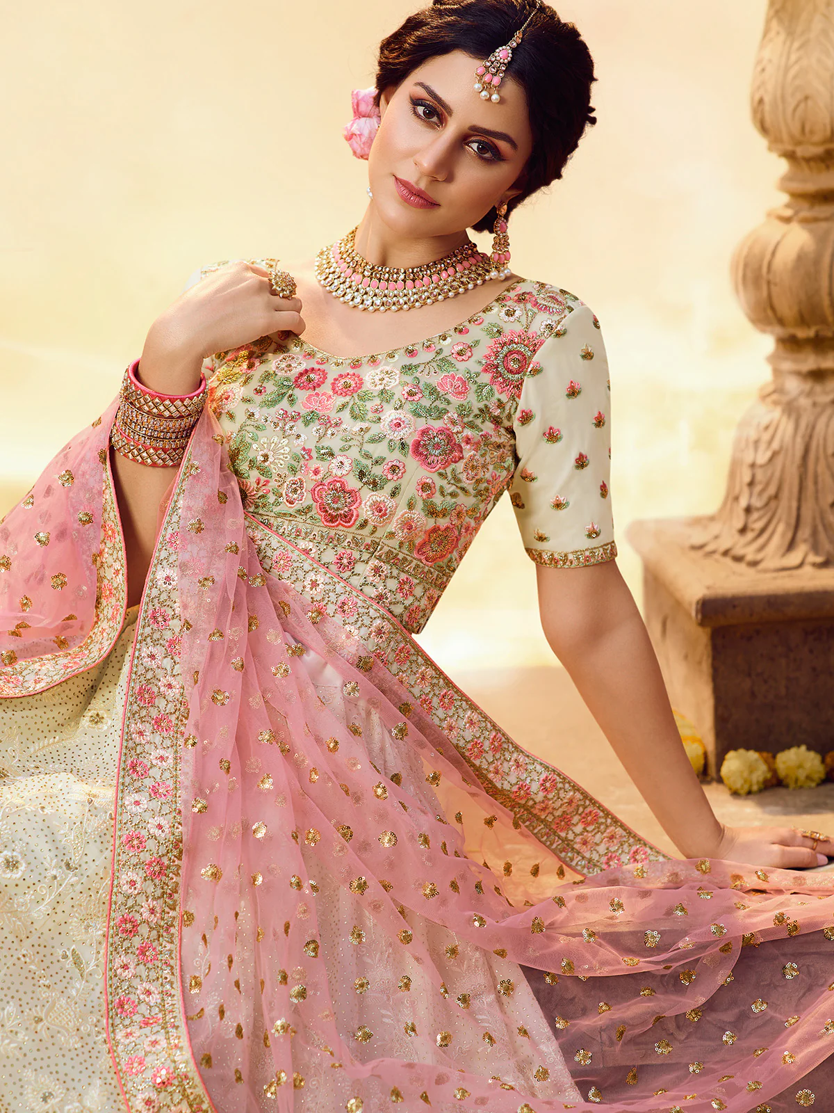 Odette Women White Embroidered Georgette Semi Stitched Lehenga With Unstitched Blouse - Image 3