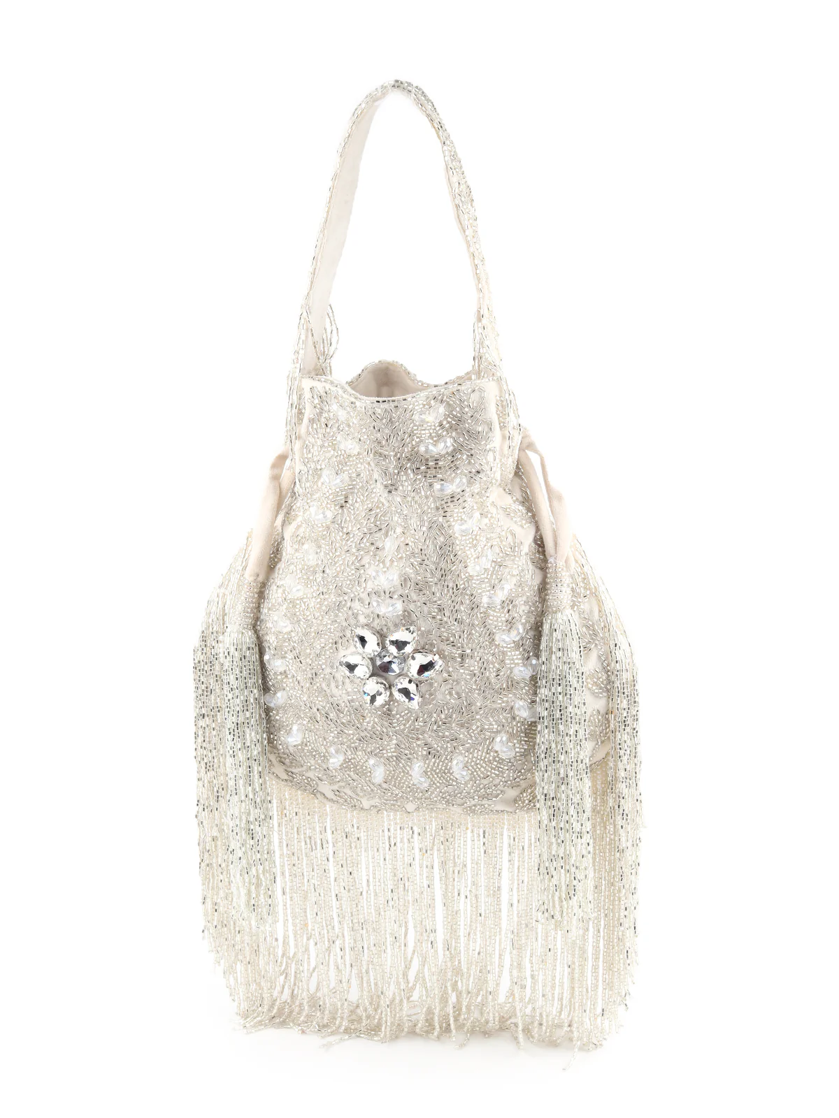 Odette Women White Velvet Beaded Potli Bag - Image 3