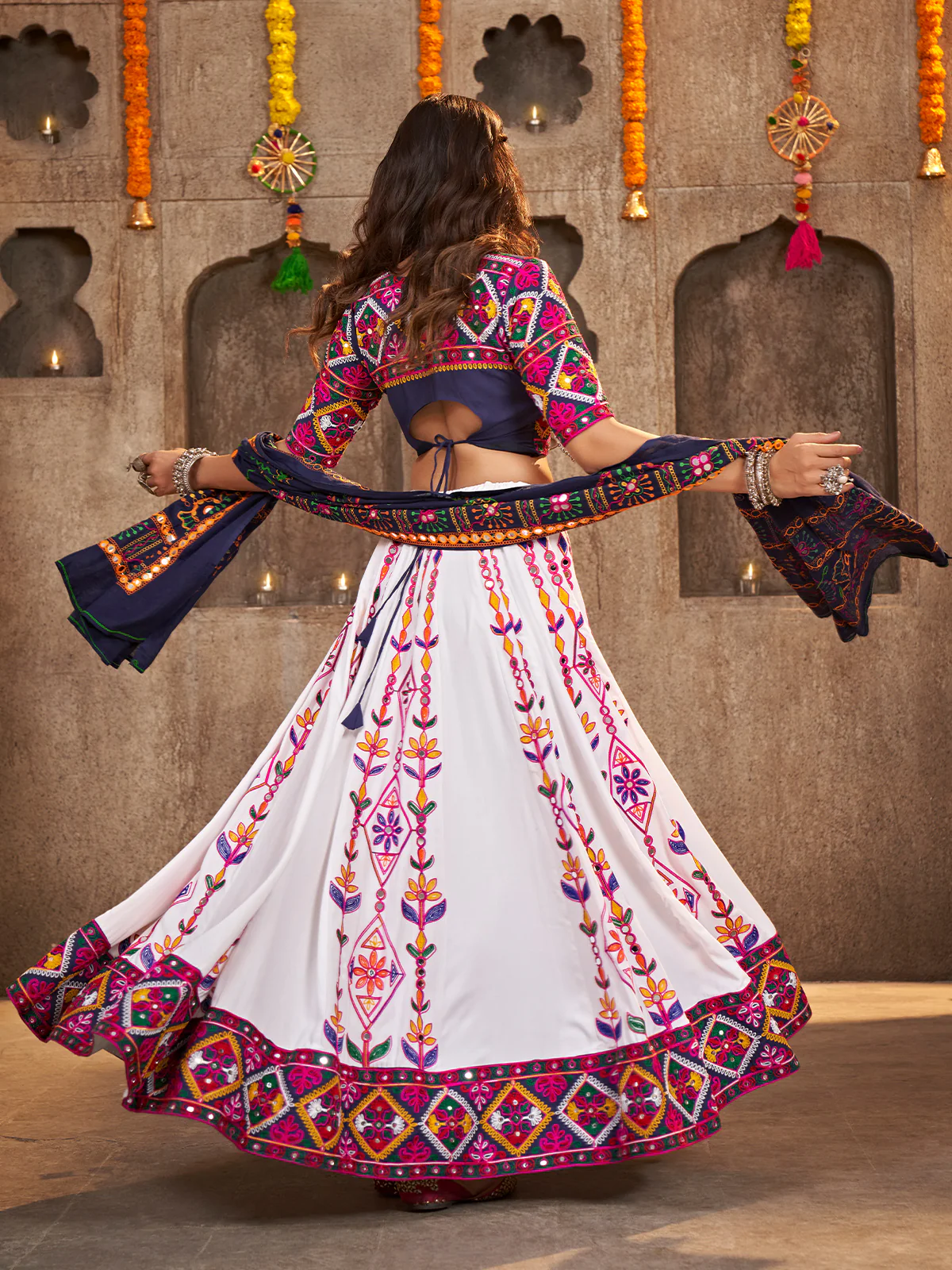 Odette White Viscose Rayon Embroidered Semi Stitched Lehenga Choli For Women - Image 3