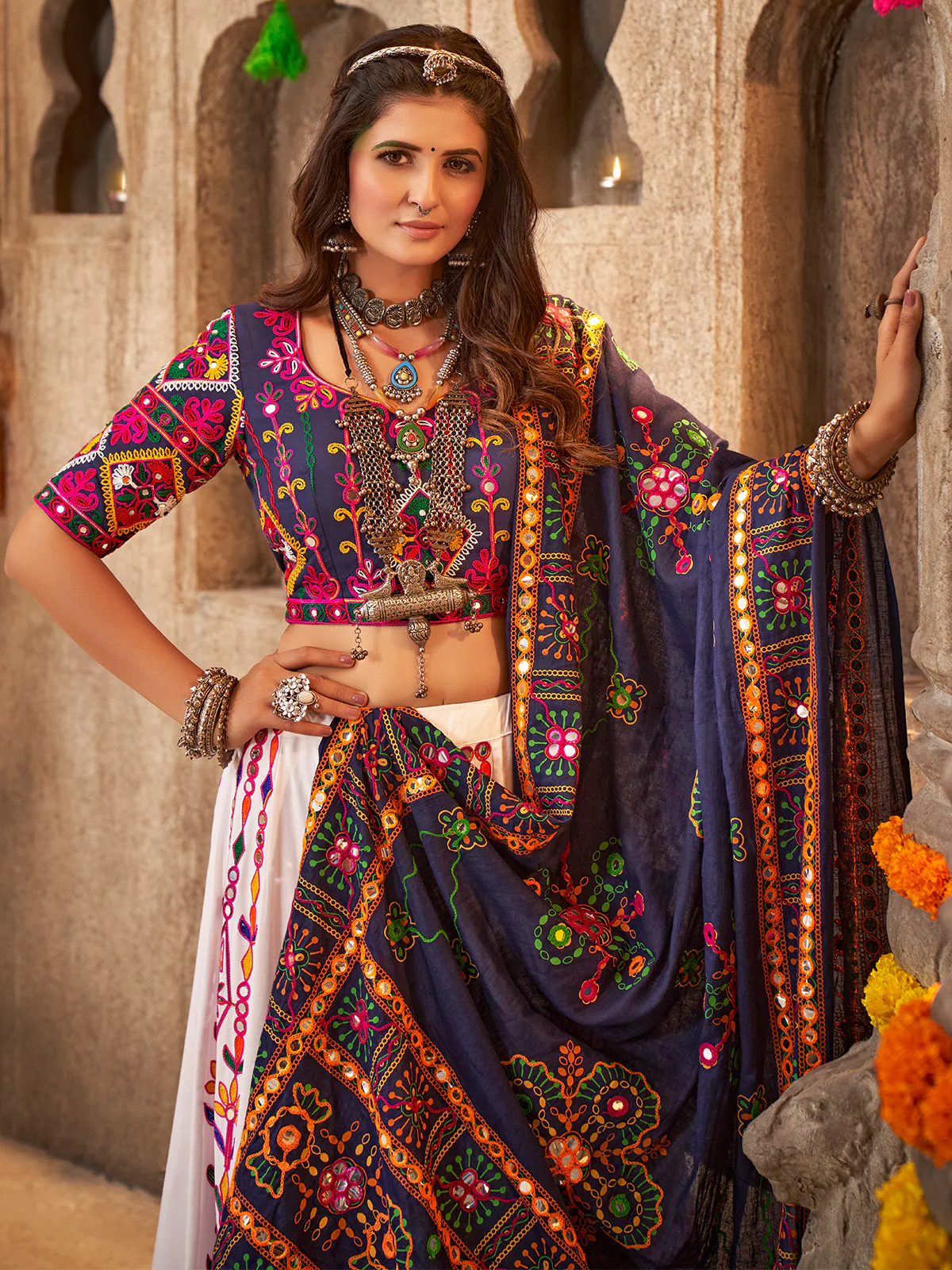 Odette White Viscose Rayon Embroidered Semi Stitched Lehenga Choli For Women - Image 4