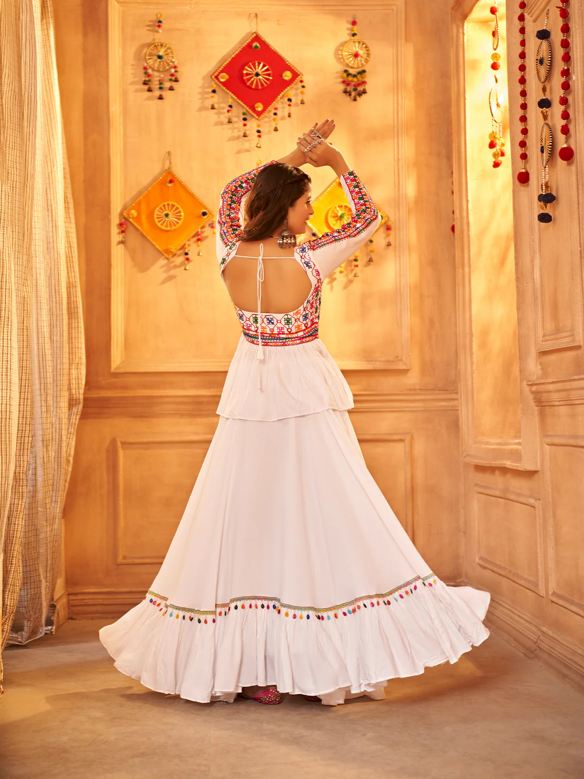 Odette White Viscose Rayon Embroidered  Stitched Lehenga Choli For Women - Image 4