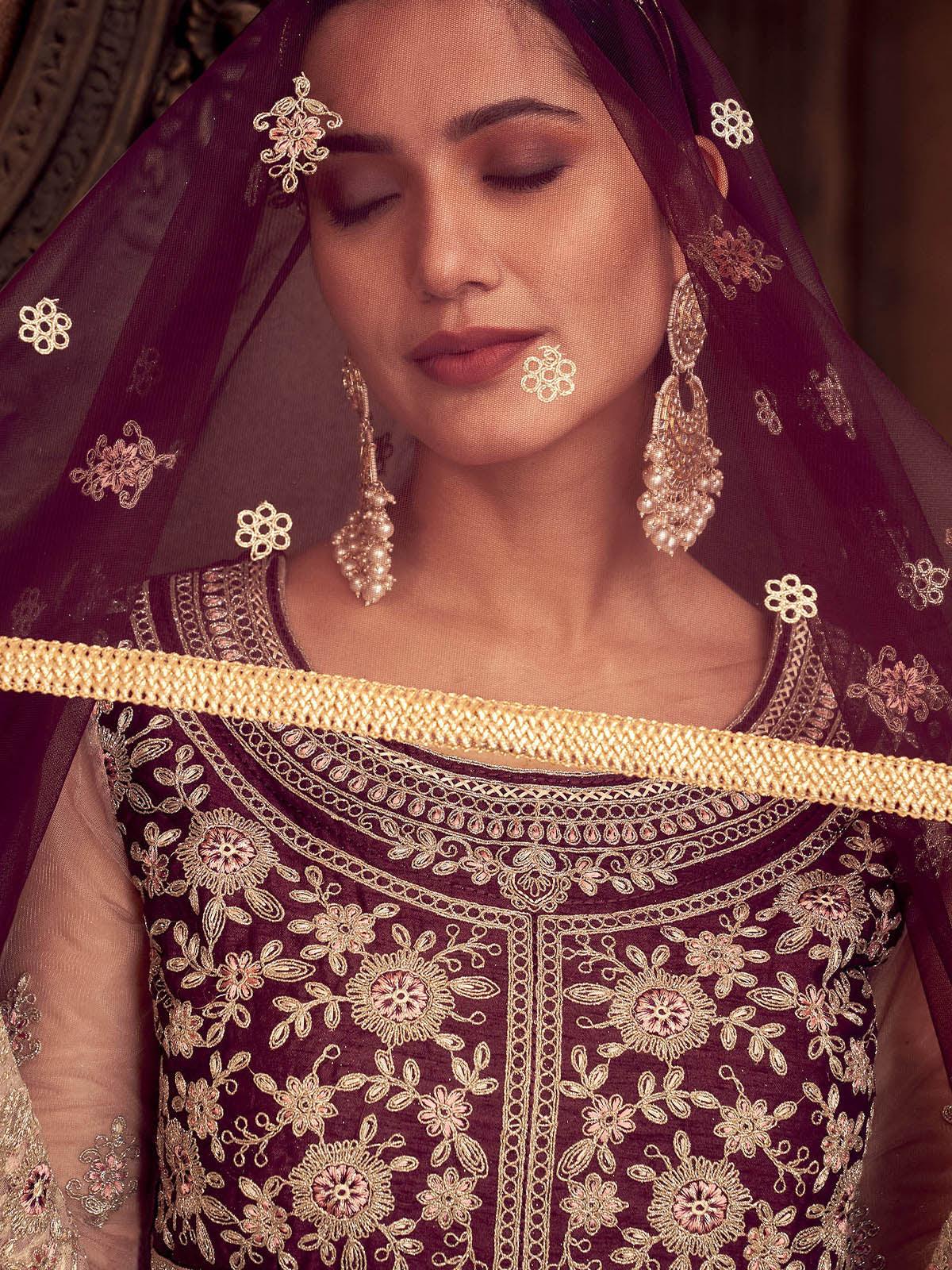 Odette Women Wine Color Georgette Base Party Wear Semi Stitched Gown With Dupatta - Image 2