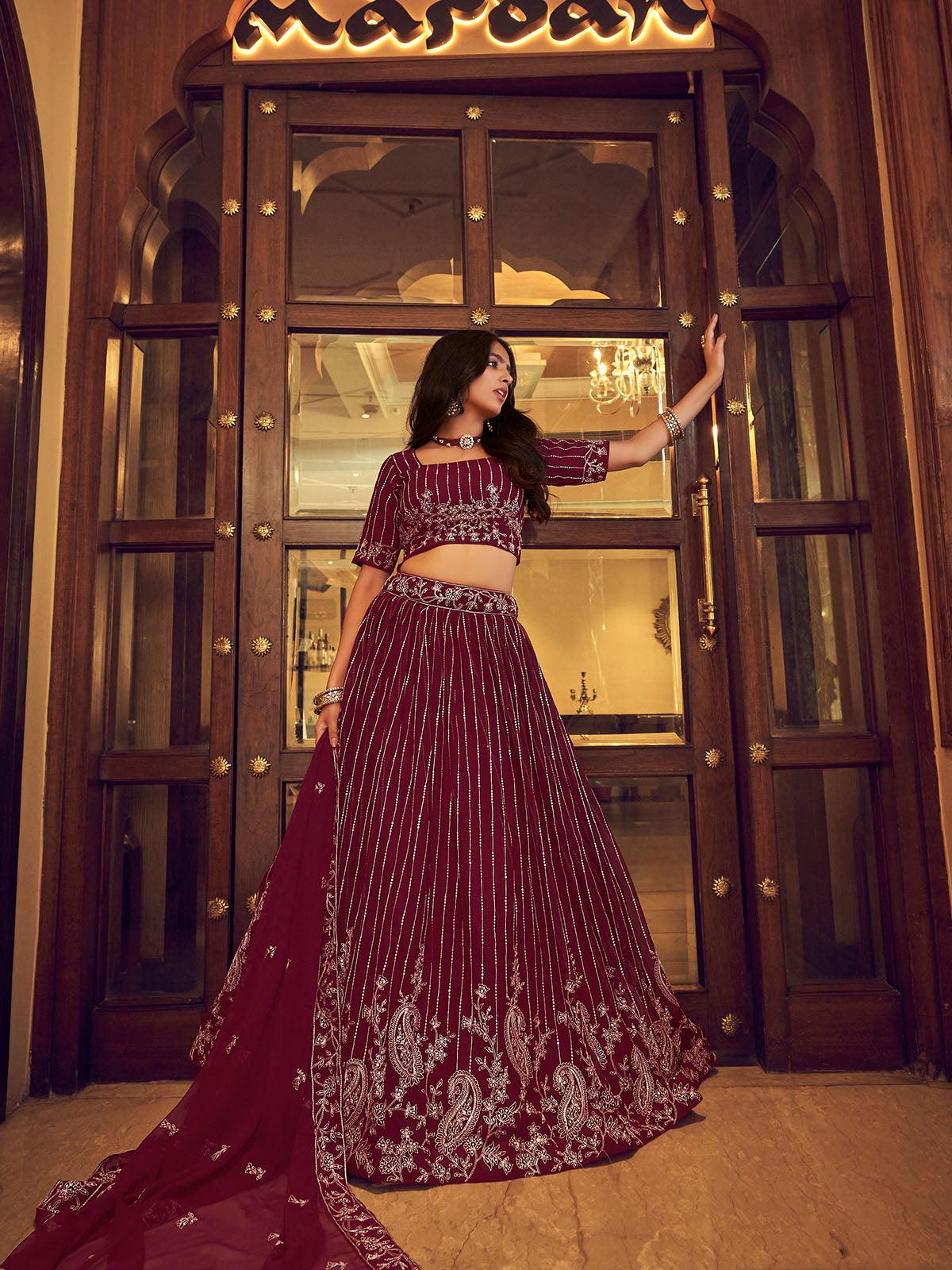 Odette Women Wine Faux Georgette Designer Semi Stitched Lehenga With Unstitched Blouse - Image 2