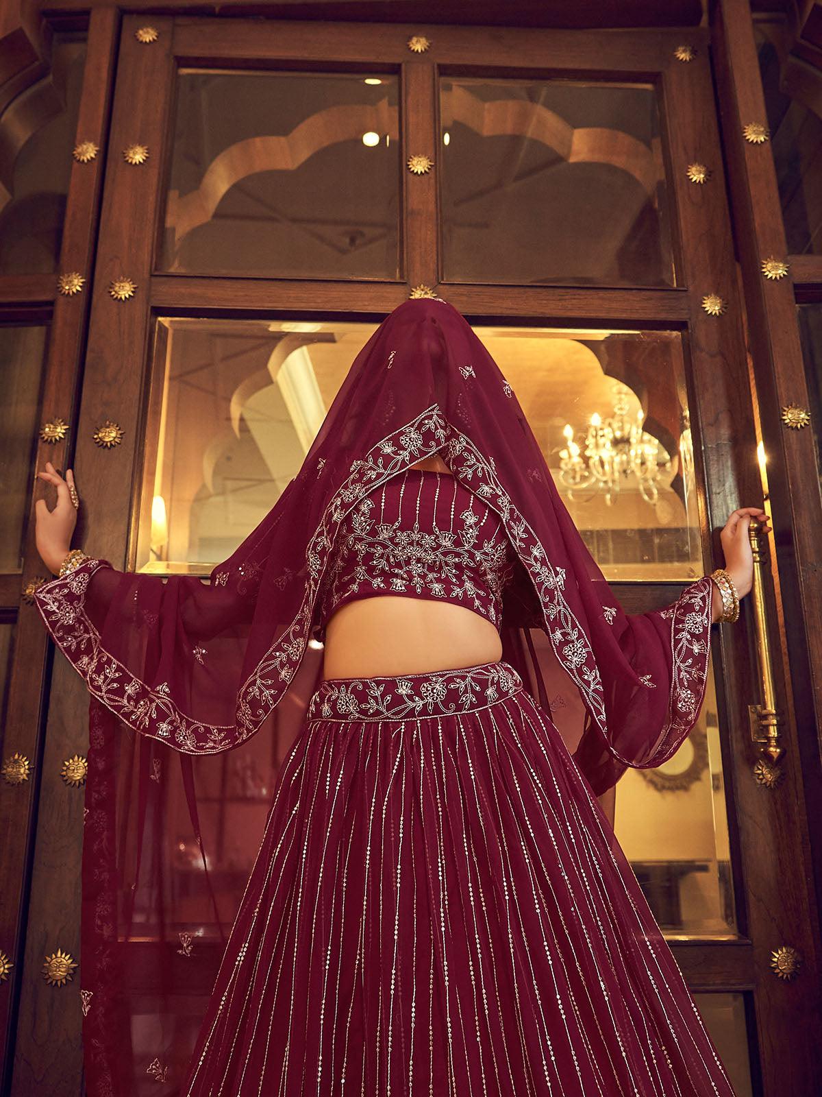 Odette Women Wine Faux Georgette Designer Semi Stitched Lehenga With Unstitched Blouse - Image 3