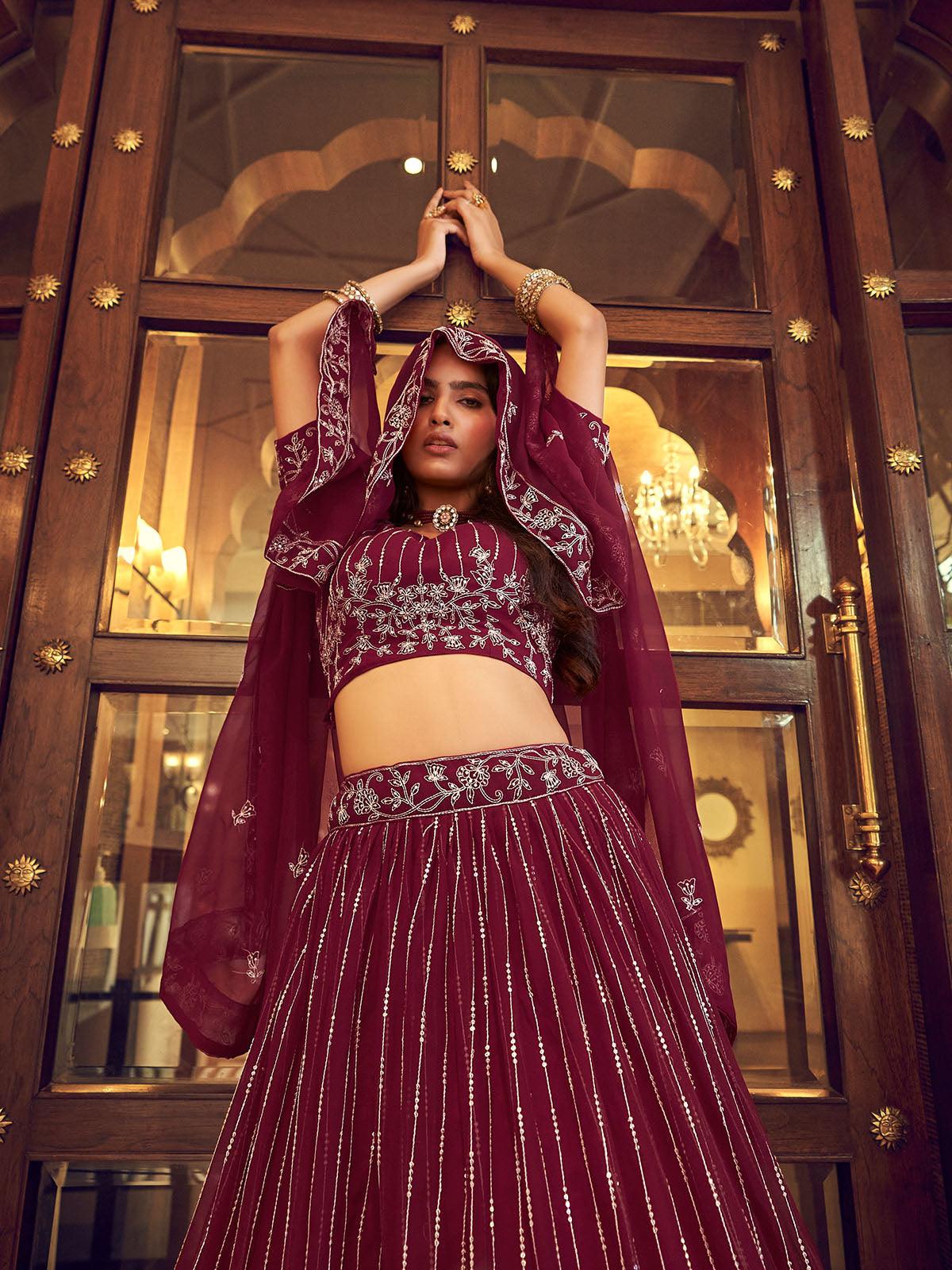 Odette Women Wine Faux Georgette Designer Semi Stitched Lehenga With Unstitched Blouse - Image 4
