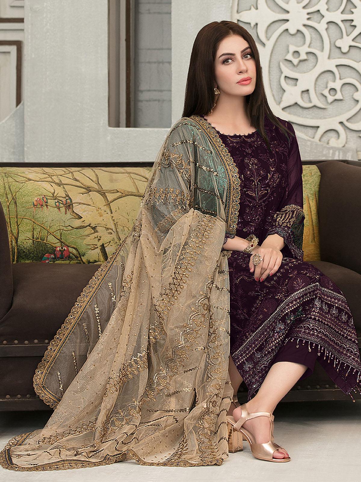 Odette Women Violet Women Embroidered Semi Stitched Slawar Suit Set - Image 2