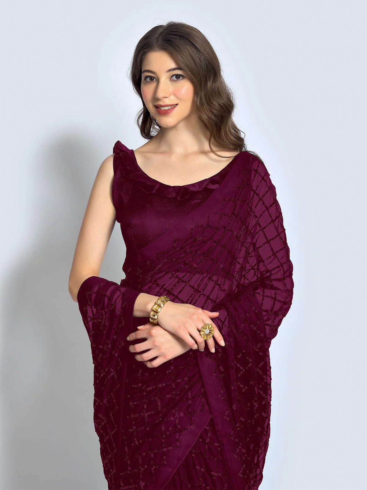 Odette Women Wine Designer Sequins Saree With Unstitched Blouse - Image 3
