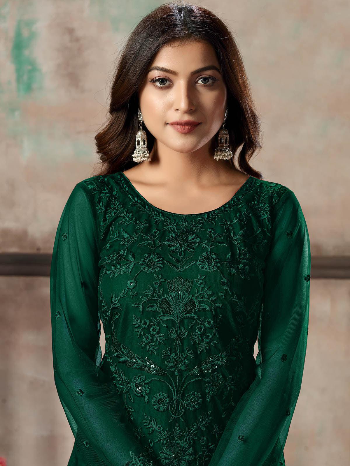 Odette Women Women Green Net Semi Stitched Salwar Suit - Image 3