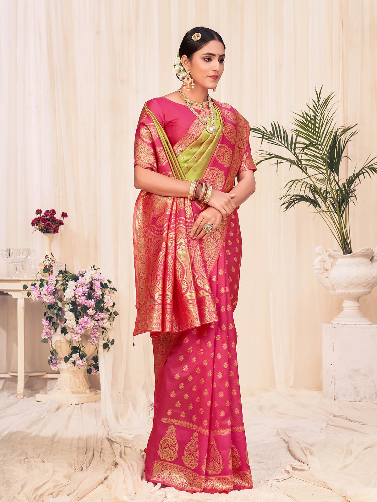 Odette Women Woven Lime Green Banarasi Silk Saree With Unstitched Blouse - Image 3
