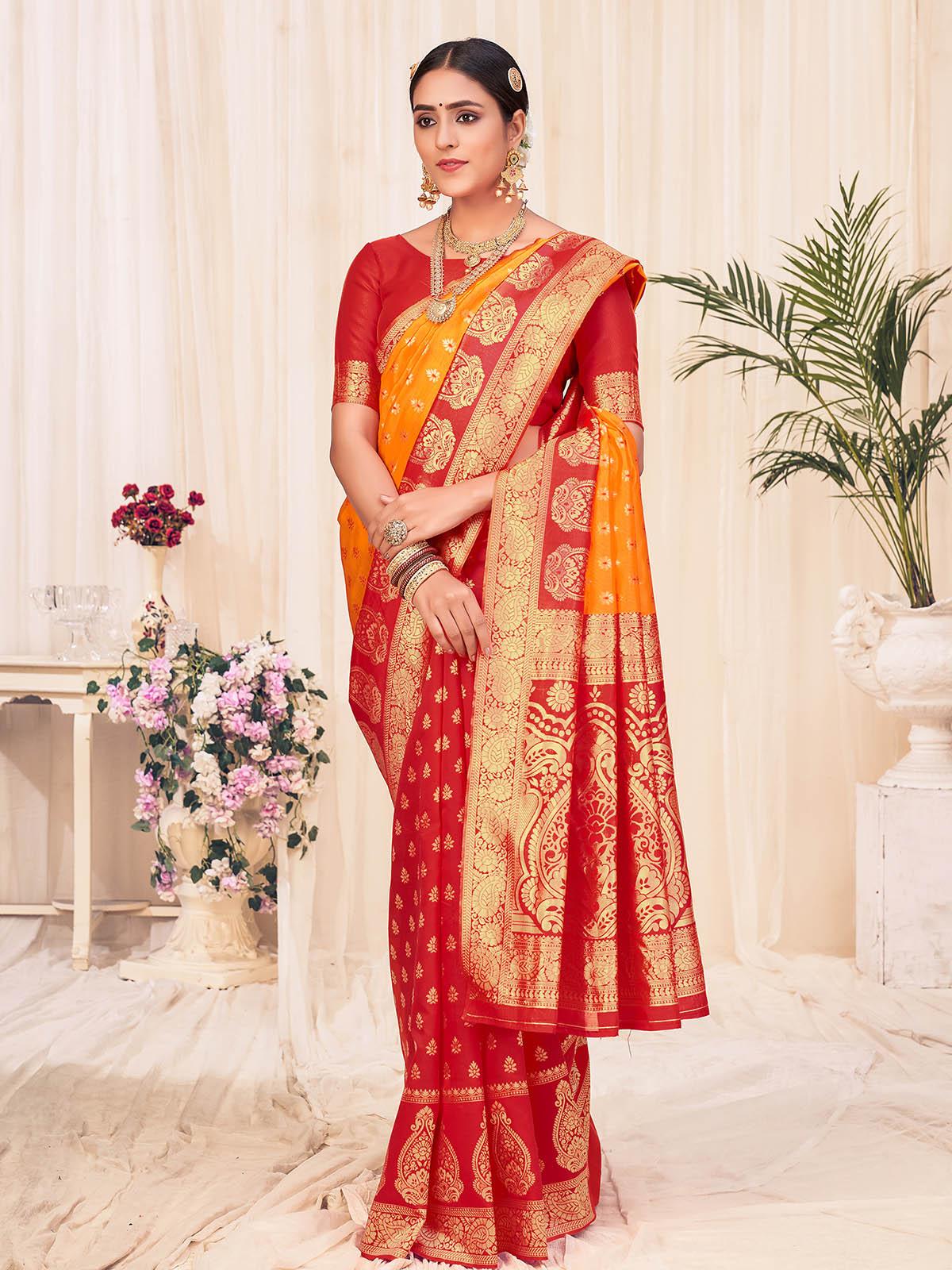 Odette Women Woven Orange Colored Banarasi Silk Saree With Unstitched Blouse - Image 3