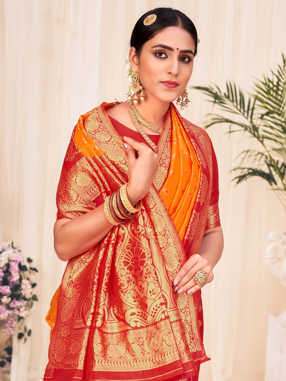 Odette Women Woven Orange Colored Banarasi Silk Saree With Unstitched Blouse - Image 4