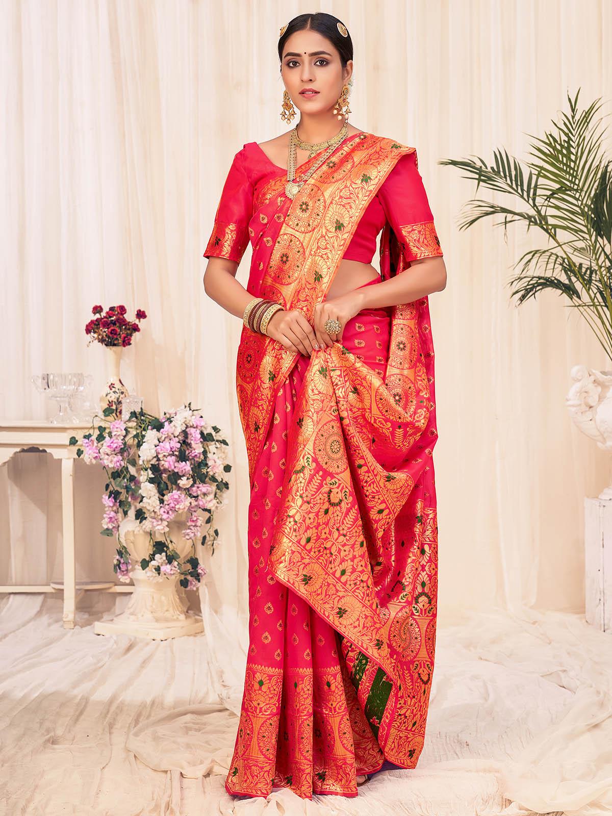 Odette Women Woven Pink Banarasi Silk Saree With Unstitched Blouse - Image 2