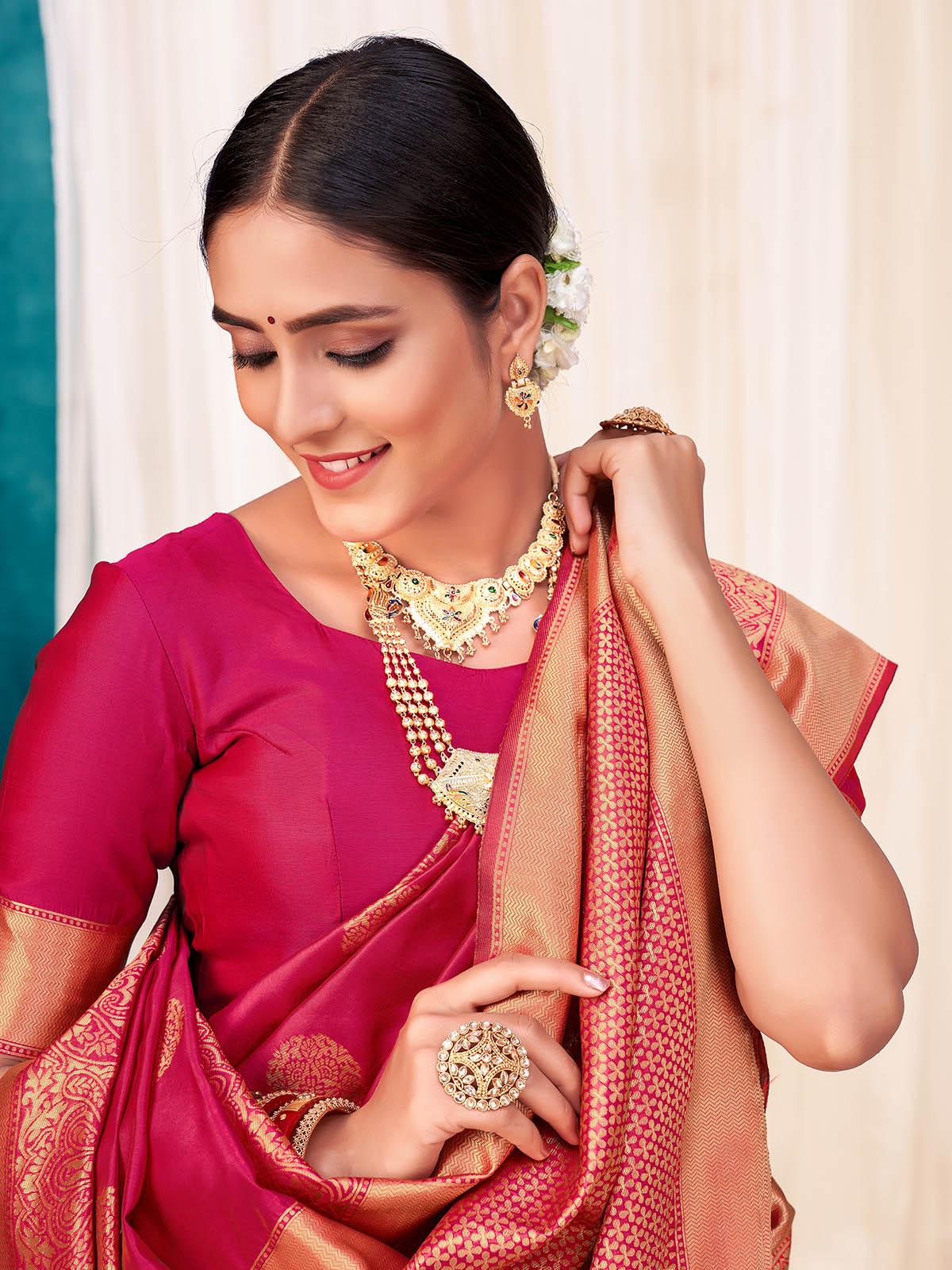 Odette Women Woven Red Colored Banarasi Silk Saree With Unstitched Blouse - Image 3