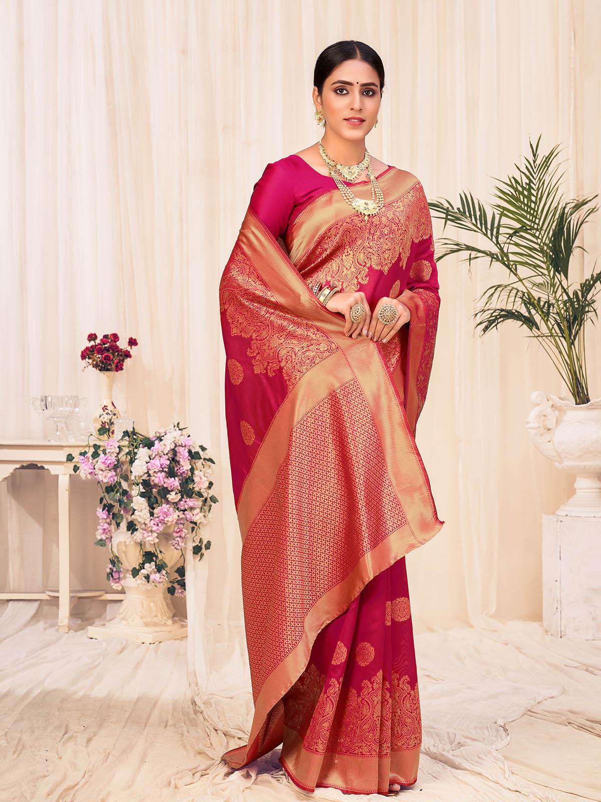 Odette Women Woven Red Colored Banarasi Silk Saree With Unstitched Blouse - Image 4