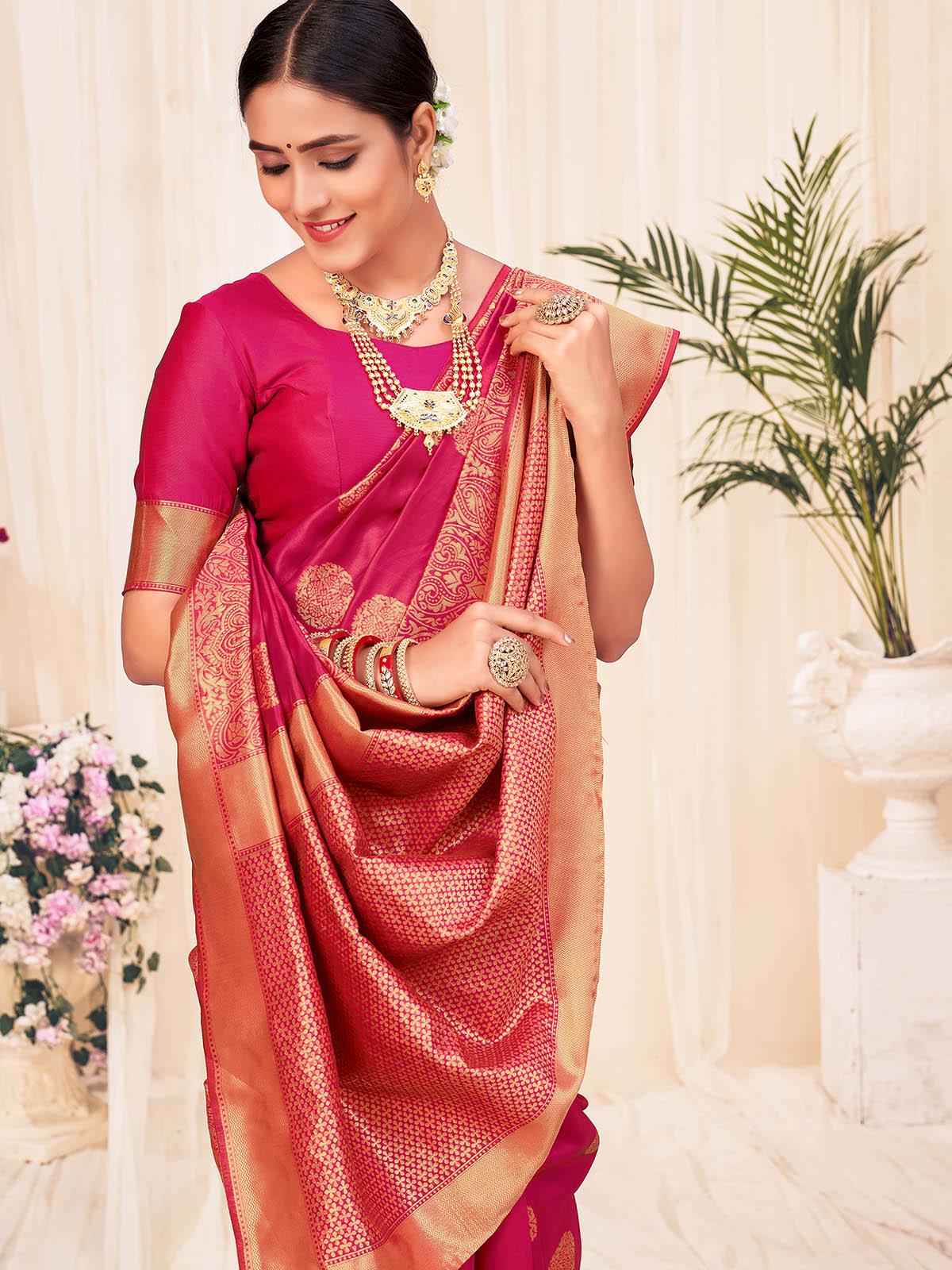 Odette Women Woven Red Colored Banarasi Silk Saree With Unstitched Blouse - Image 5