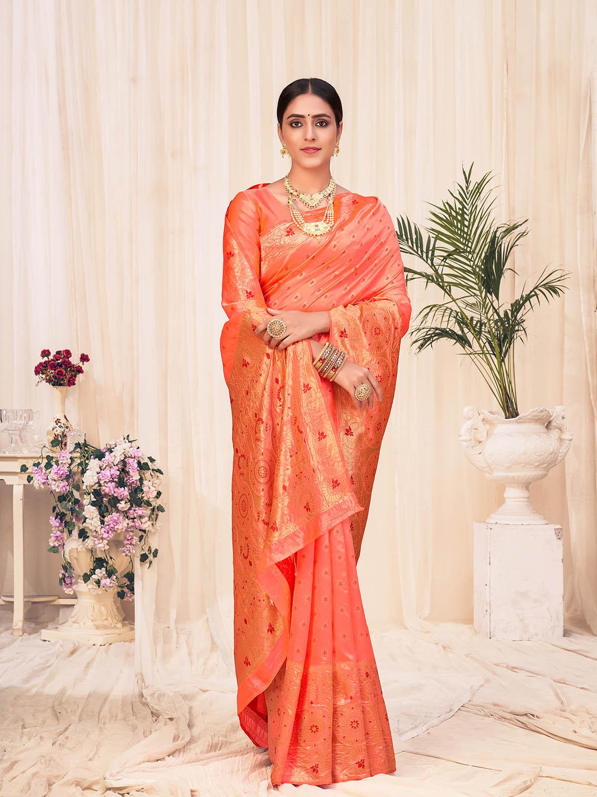 Odette Women Woven Peach Colored Banarasi Silk Saree With Unstitched Blouse - Image 3