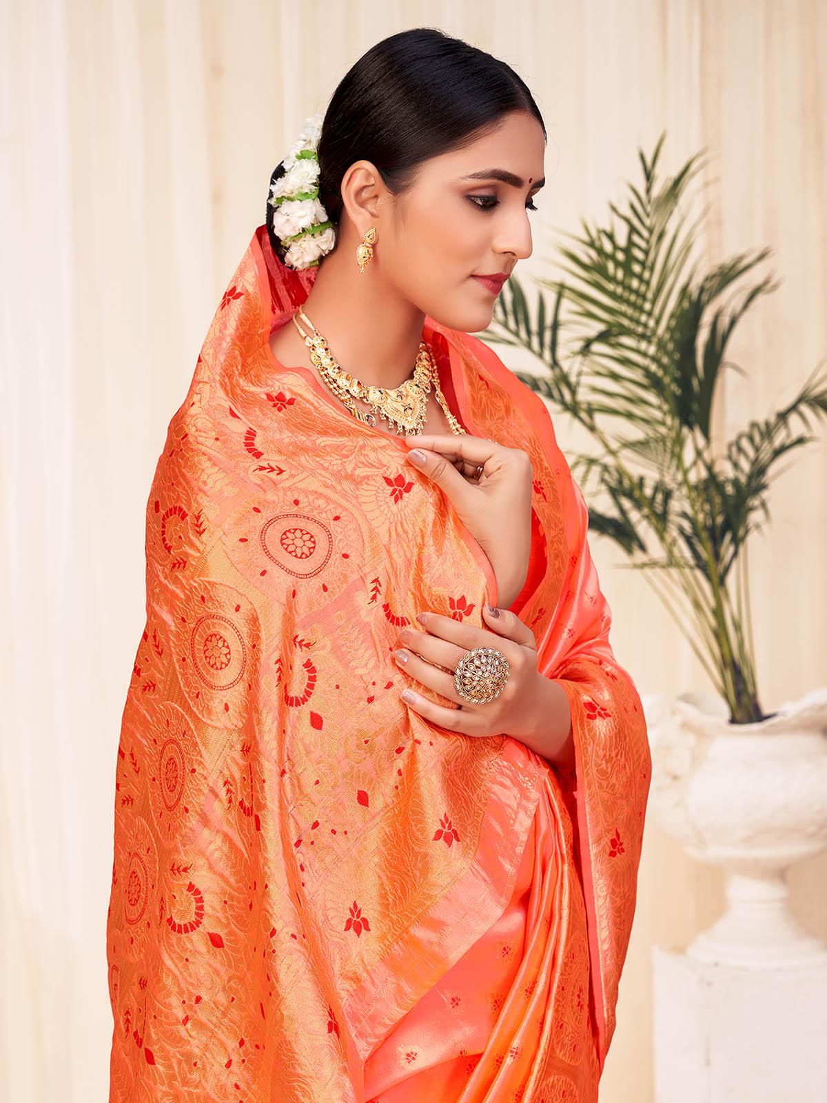 Odette Women Woven Peach Colored Banarasi Silk Saree With Unstitched Blouse - Image 4