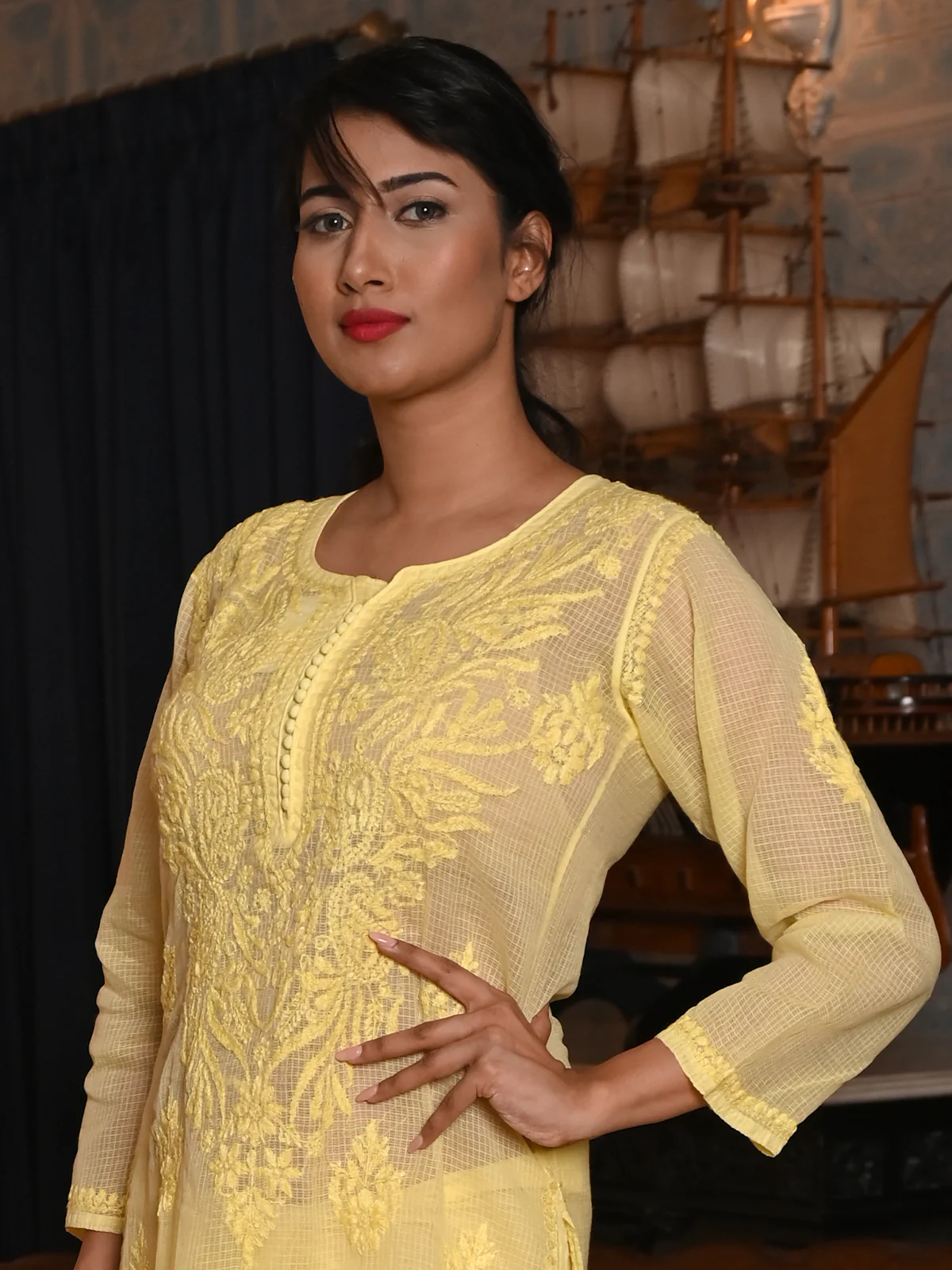 Odette Women Yellow Chequered Voile Chikankari Embroidered Stitched Kurta With Salwar - Image 4