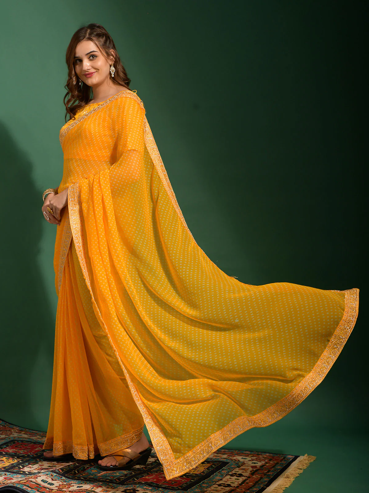 Odette Women Yellow Chiffon Designer Saree With Unstitched Blouse - Image 2