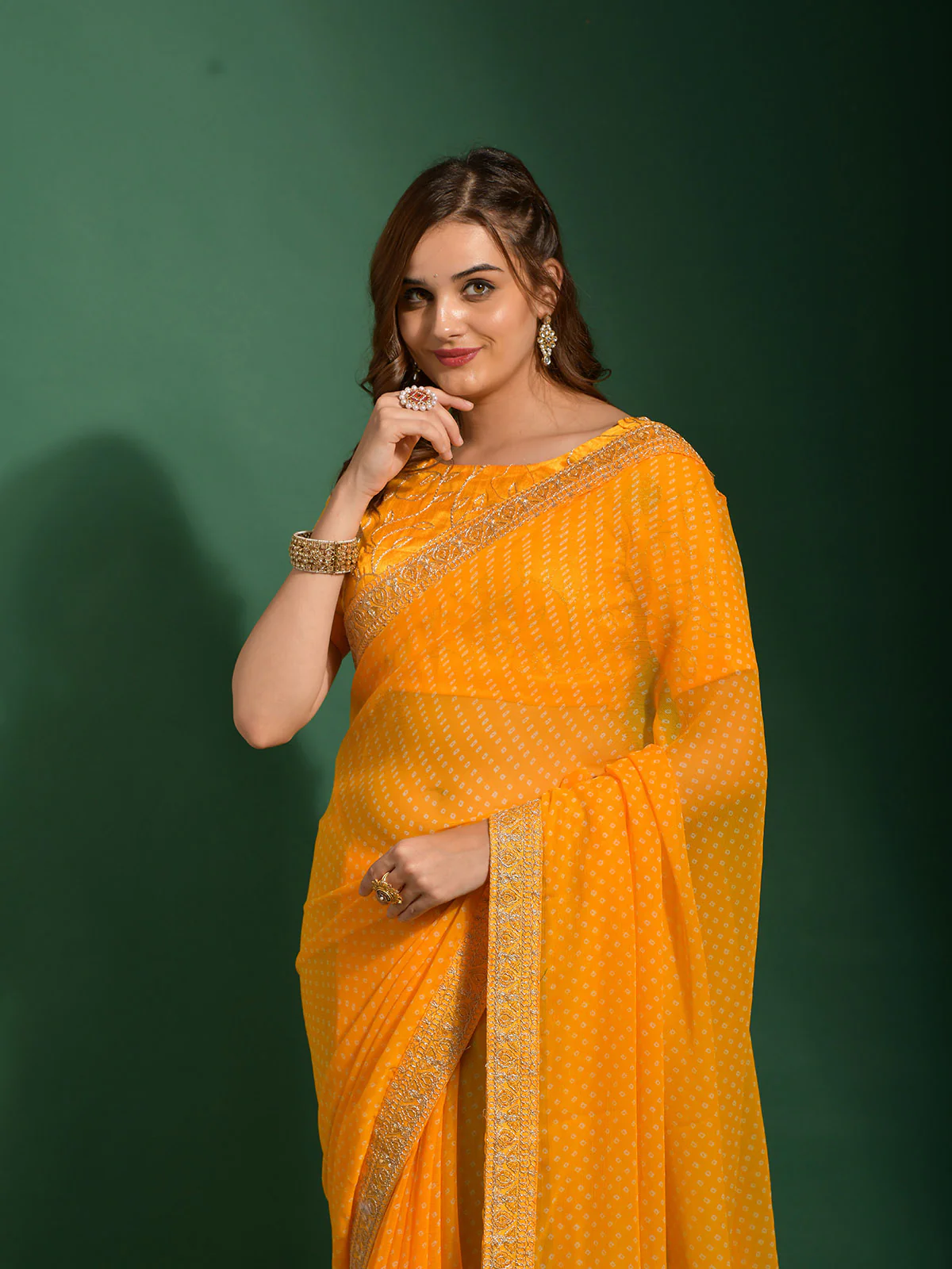Odette Women Yellow Chiffon Designer Saree With Unstitched Blouse - Image 4