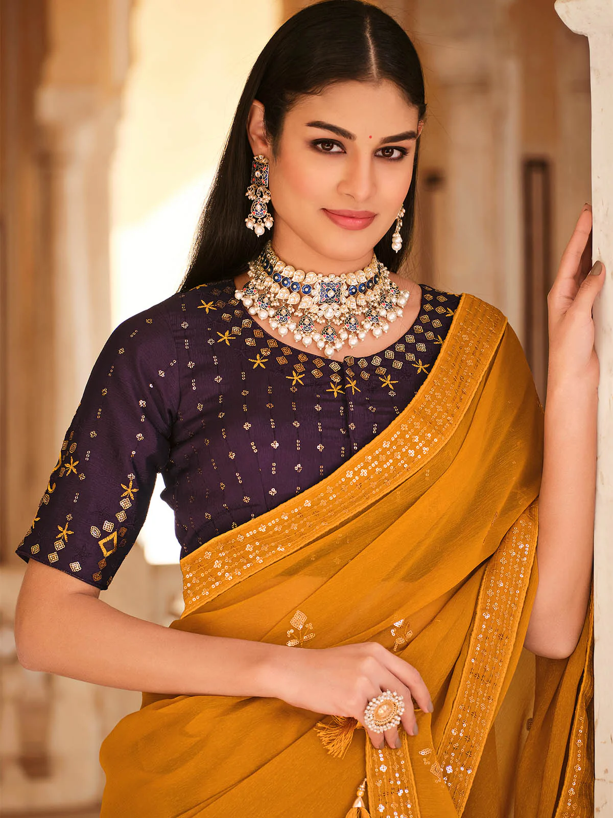 Odette Women Yellow Classic Chinon Saree With Unstitched Blouse - Image 2