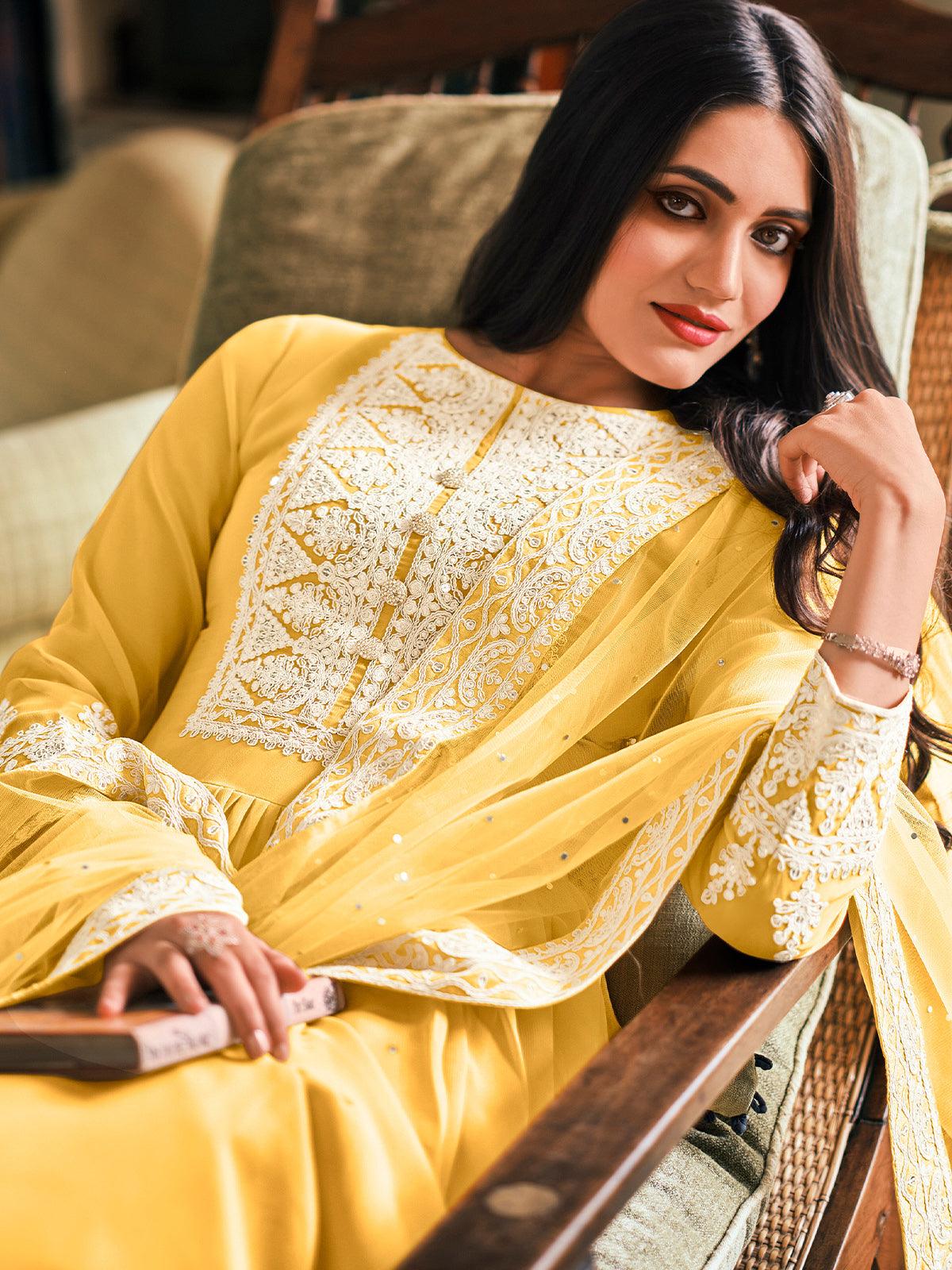 Odette Women Yellow Color Georgette Plazzo Semi Stitched Suit - Image 2