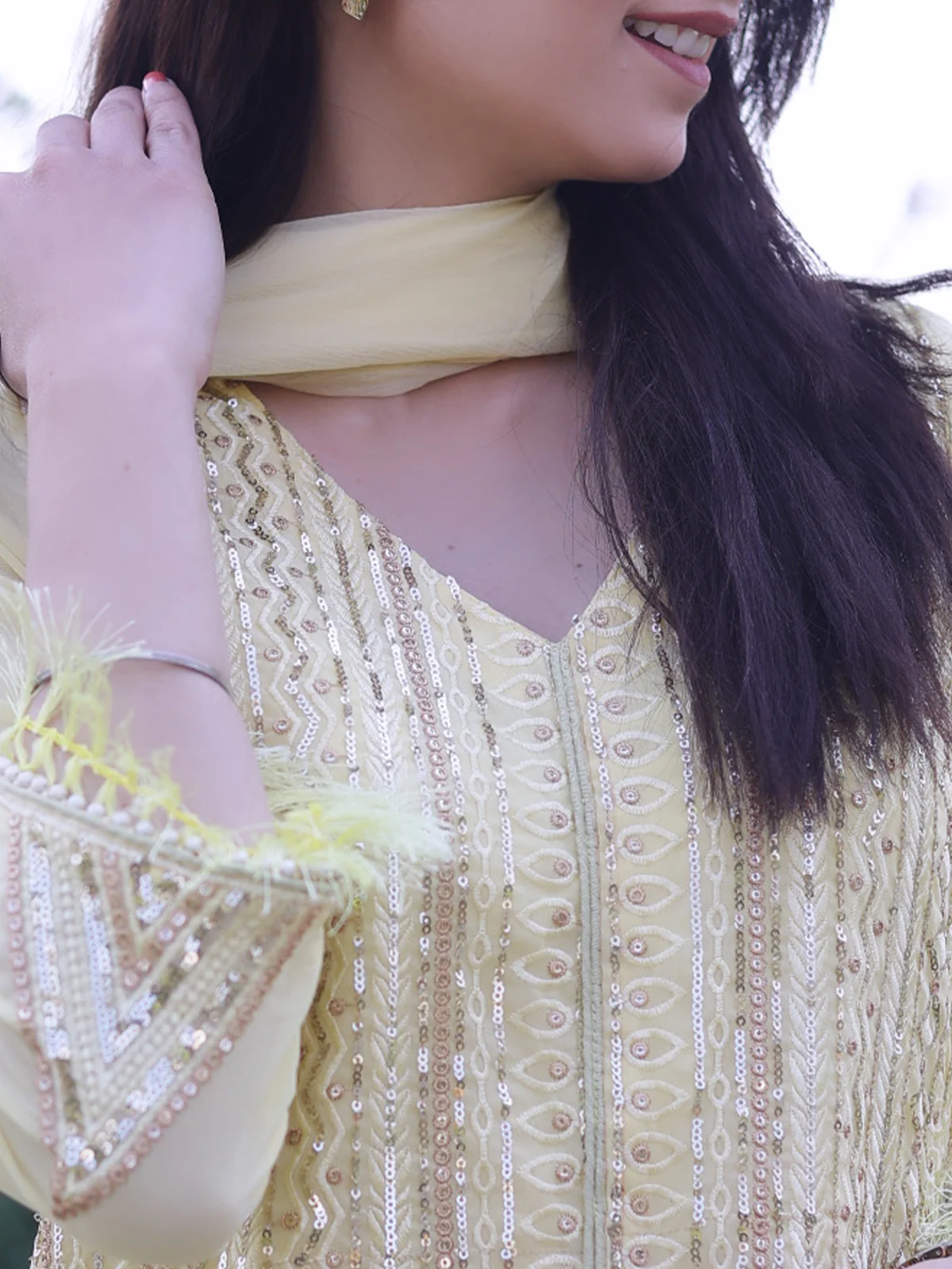 Odette Women Yellow Color Party Wear Georgette Semi Stitched Suit - Image 5