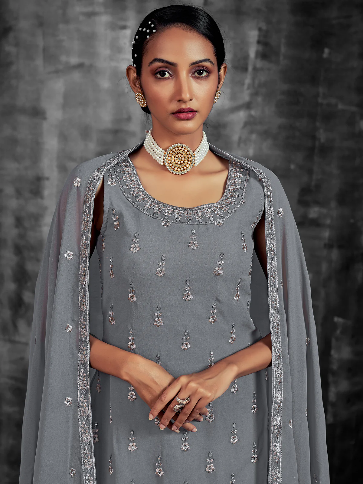 Odette Women Grey Embroidered Partywear  Stitched Kurtaset - Image 3