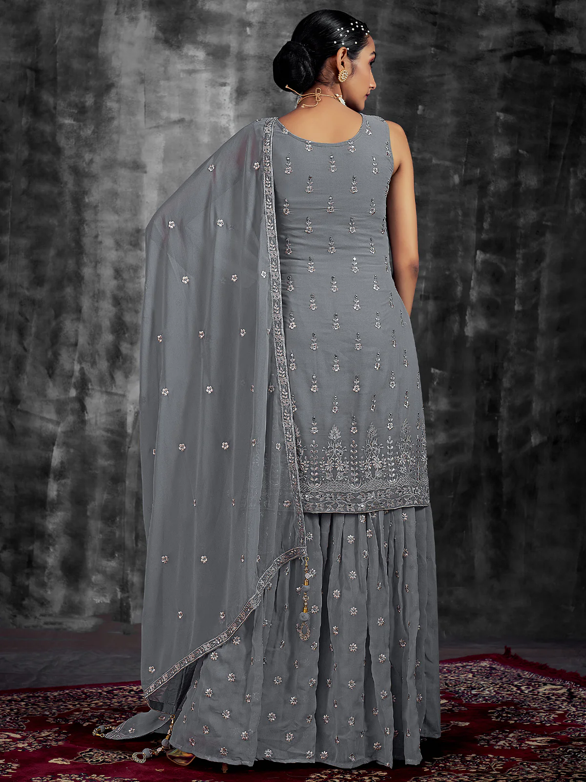 Odette Women Grey Embroidered Partywear  Stitched Kurtaset - Image 4