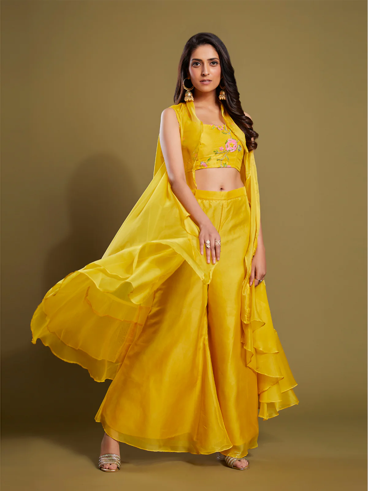Odette Women Yellow Embroidered Organza Indo Western Set - Image 7