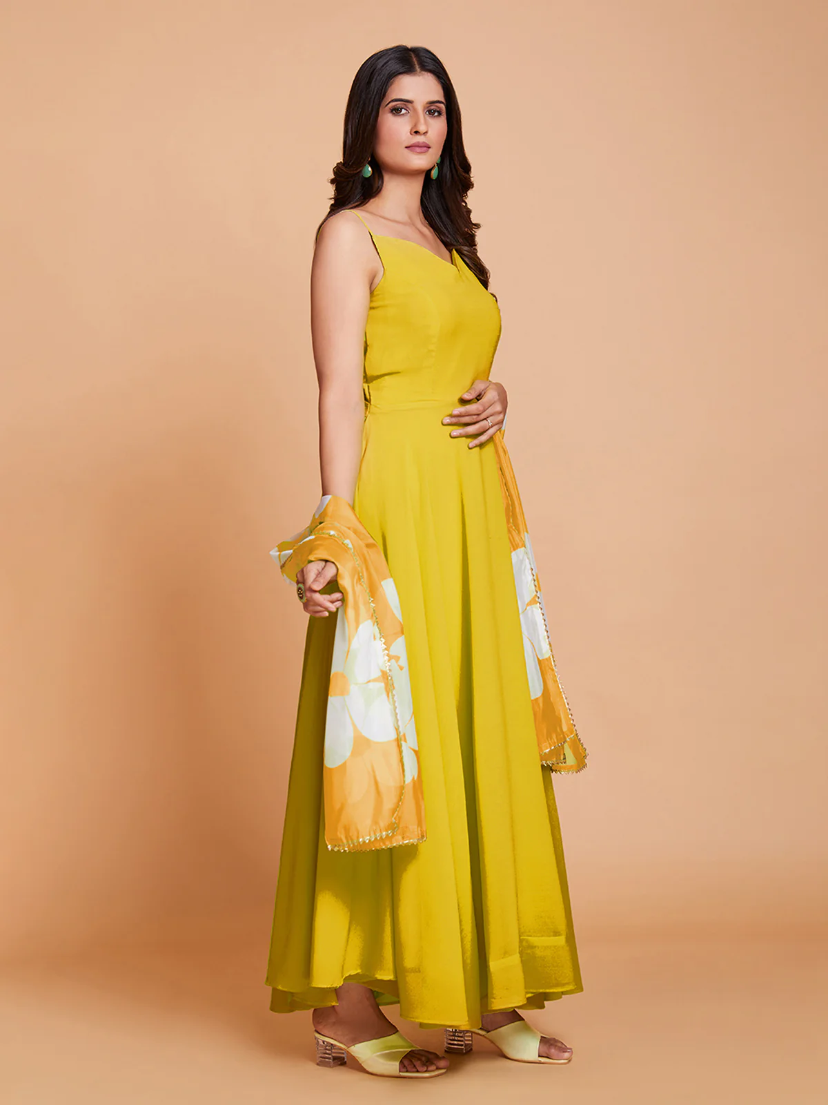 Odette Women Yellow Faux Georgette Solid Stitched Gown - Image 3